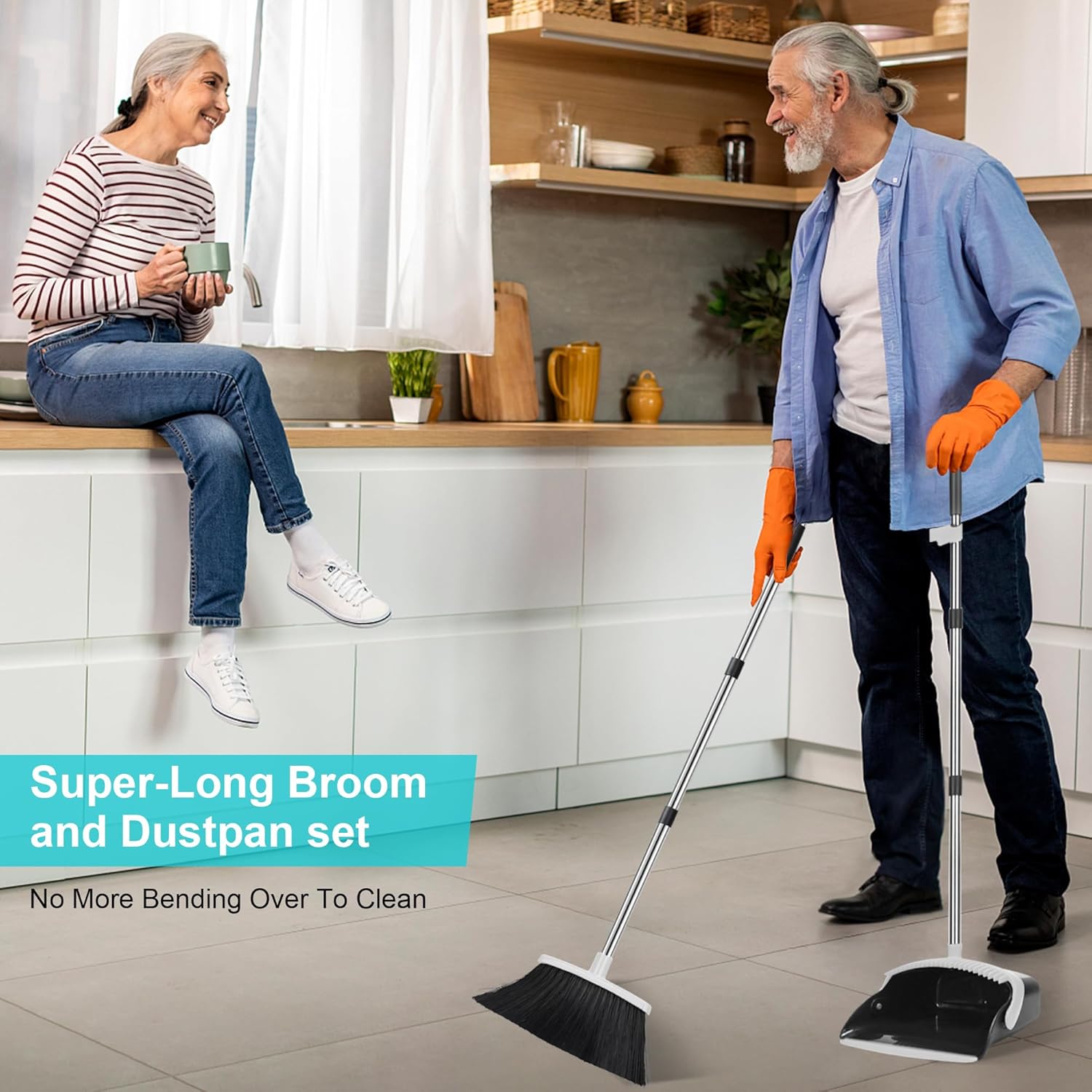 Aifacay Juego de escoba y recogedor para el hogar, mango largo y escoba combo para interior y exterior, juego de escoba resistente para cocina,