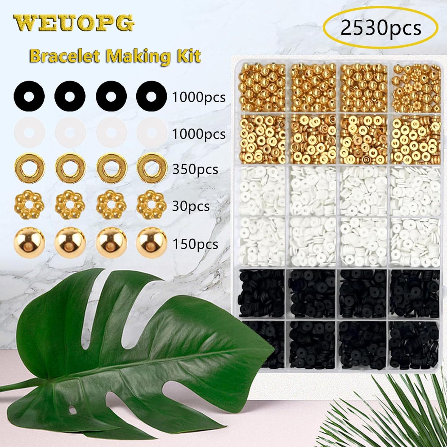 WEUOPG Kit de fabricación de pulseras para niñas, cuentas de arcilla para hacer pulseras, kit de cuentas de arcilla blanca y negra, cuentas doradas