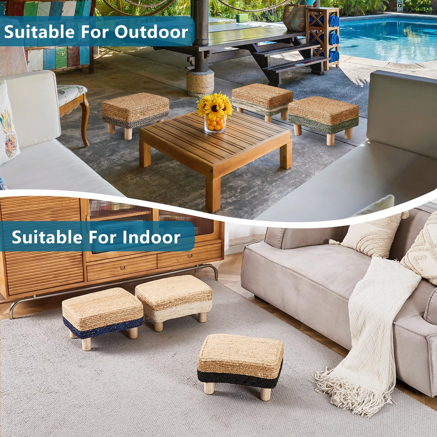 Cpintltr Taburete otomano rectangular, reposapiés, otomano, reposapiés natural de algas marinas con patas de madera, taburete tejido a mano para