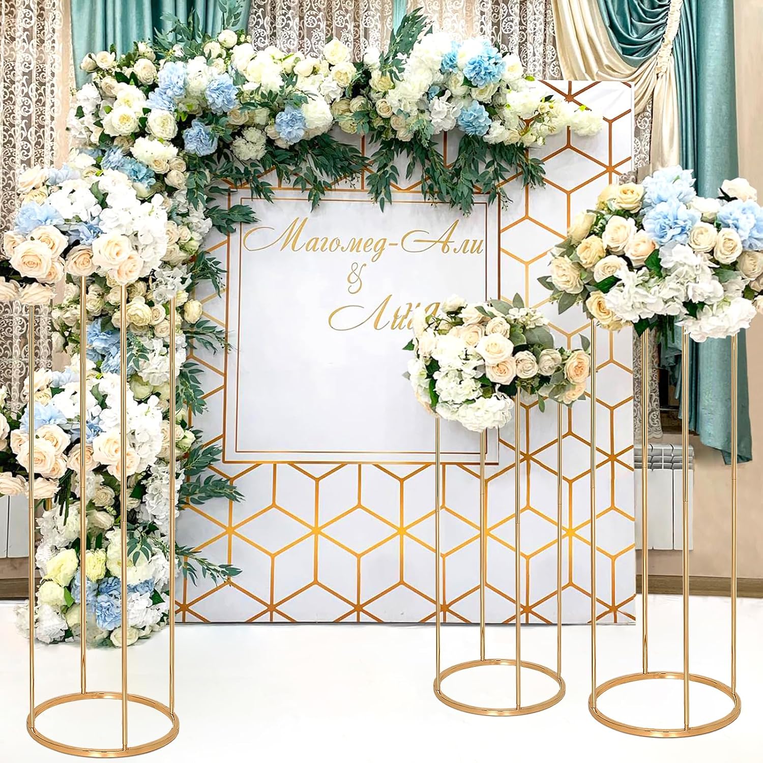 Juego de 2 soportes dorados para flores de boda, juego de 2 jarrones de metal, columna geométrica para mesa de boda, centros de mesa de mesa de 23.4