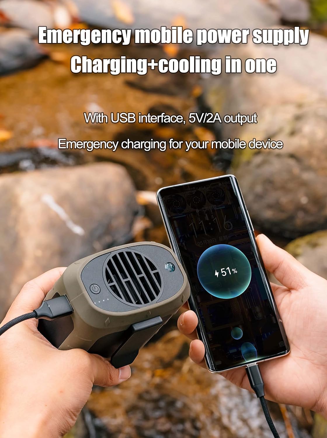 Ventilador personal portátil con clip de cintura, recargable por USB, batería de 8000 mAh anti-caída Powerbank y LED 3 en 1, enfriador de cuello de