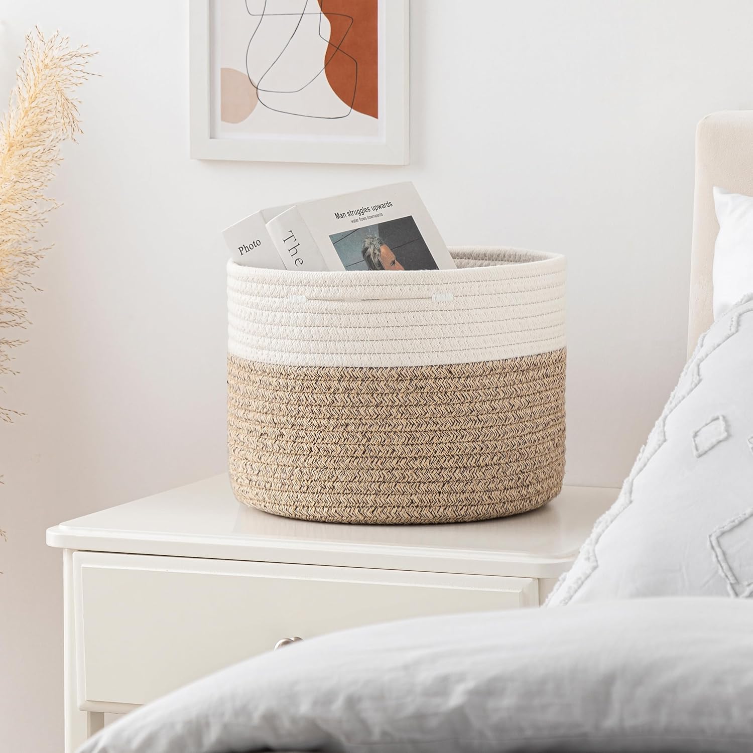 UBBCARE Cesta pequeña para organizar, cesta redonda tejida con asas, cesta de almacenamiento pequeña para decoración, cesta de cuerda de algodón