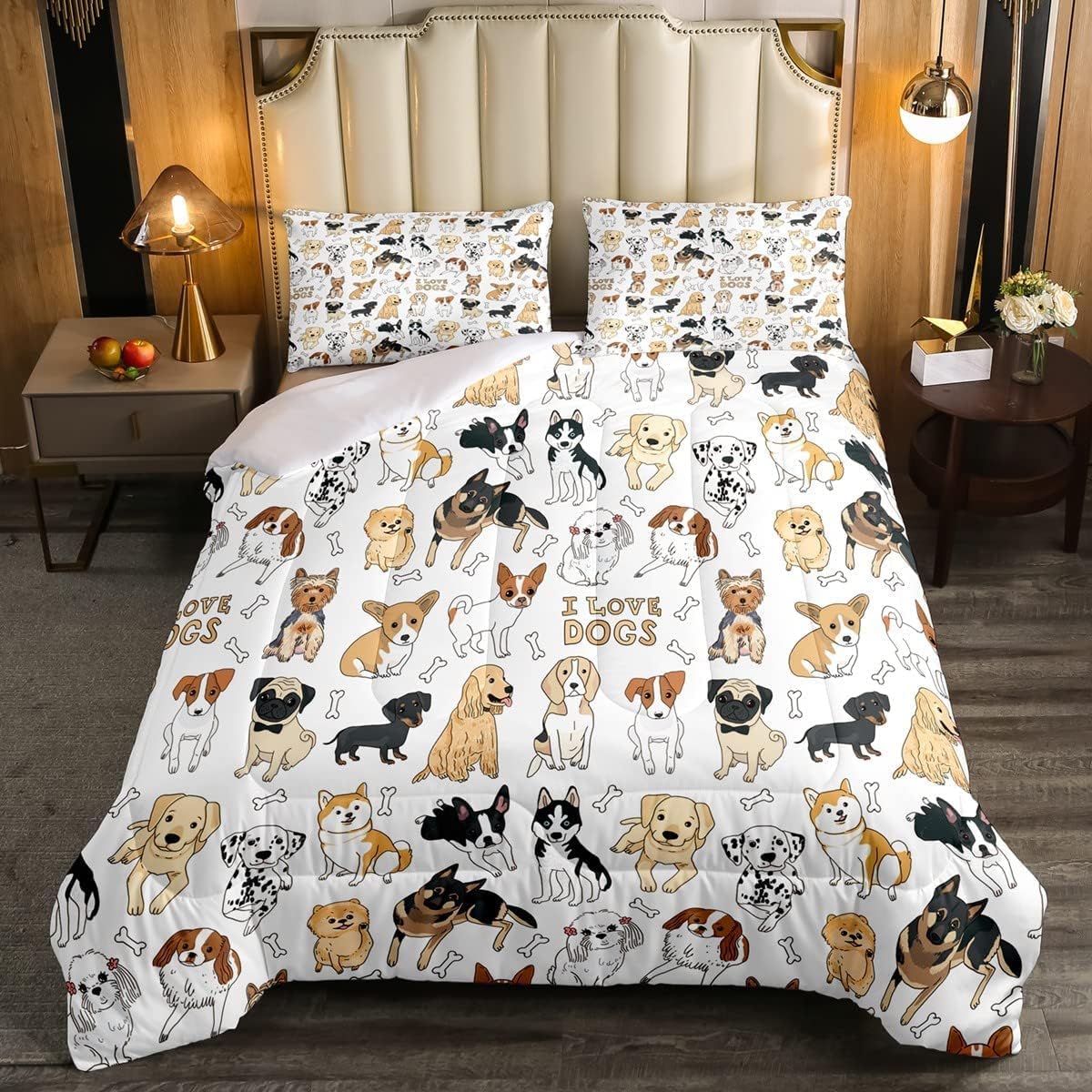 Juego de edredón de perro con texto en inglés “I Love Dogs”, juego de ropa de cama con estampado de pug corgi shiba y cachorro para niños y niñas,