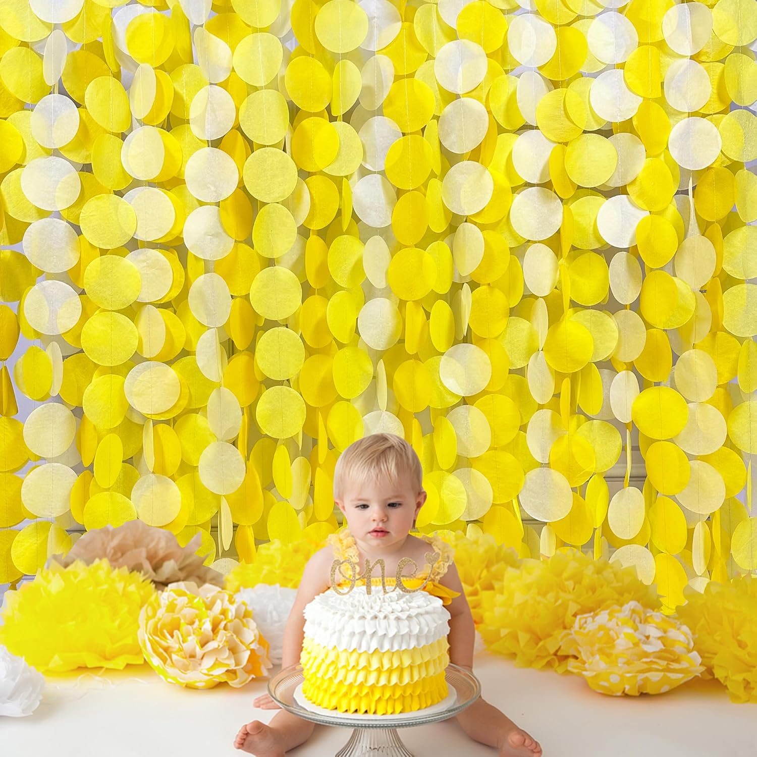 Decoraciones de fiesta amarillas de 192 pies, color amarillo degradado, blanco, telón de fondo de lunares grandes, serpentina, papel de seda