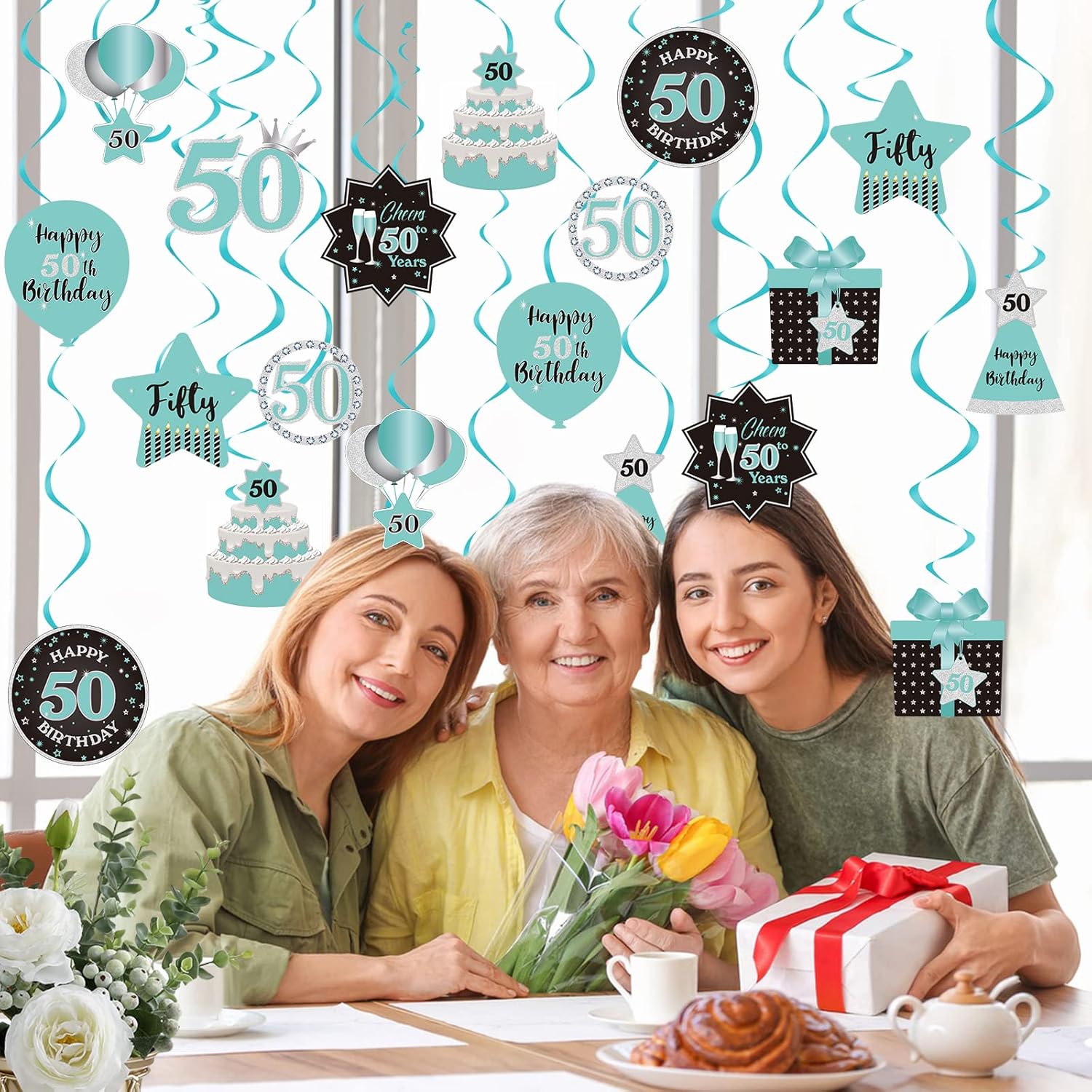Decoración de techo con diseño de remolinos colgantes para fiesta de cumpleaños número 50, decoración de 50 años, espirales colgantes de papel de