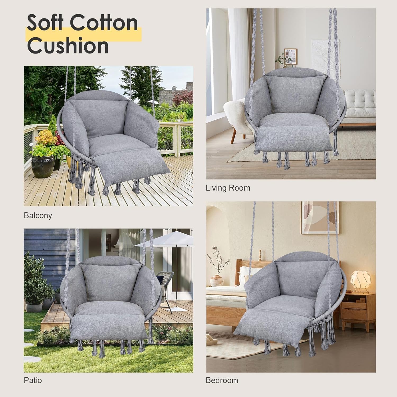 Silla colgante, hamaca de macramé, silla colgante con cojín de gran tamaño y accesorios de montaje, silla columpio tejida a mano para dormitorio,