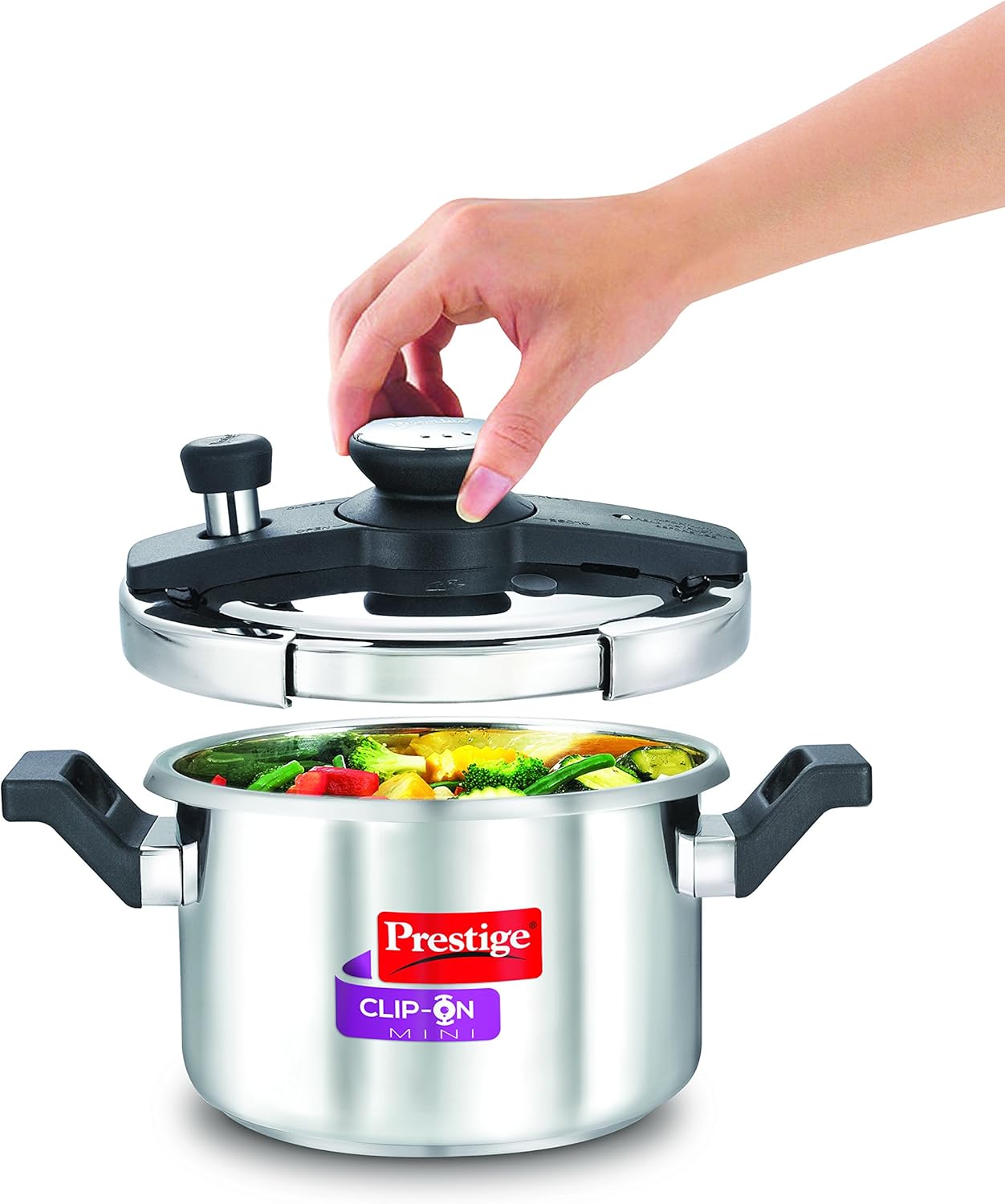 Prestige Mini olla a presión de acero inoxidable con base de inducción con clip, 3 litros7.087 in, plata metálica