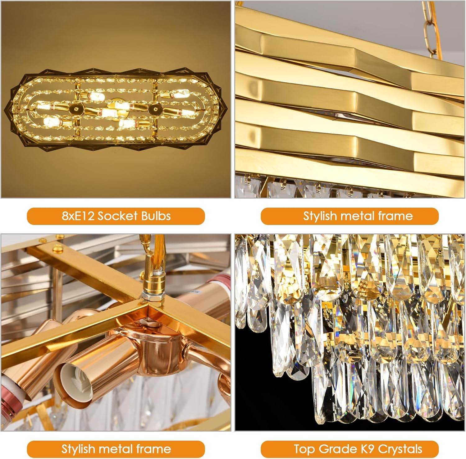 Gold Modern Crystal Chandeliers for Dining Room 8-Light Gold Chandelier Living Room Dining Room Chandelier Oval Ceiling Hanging Light Pendant Light