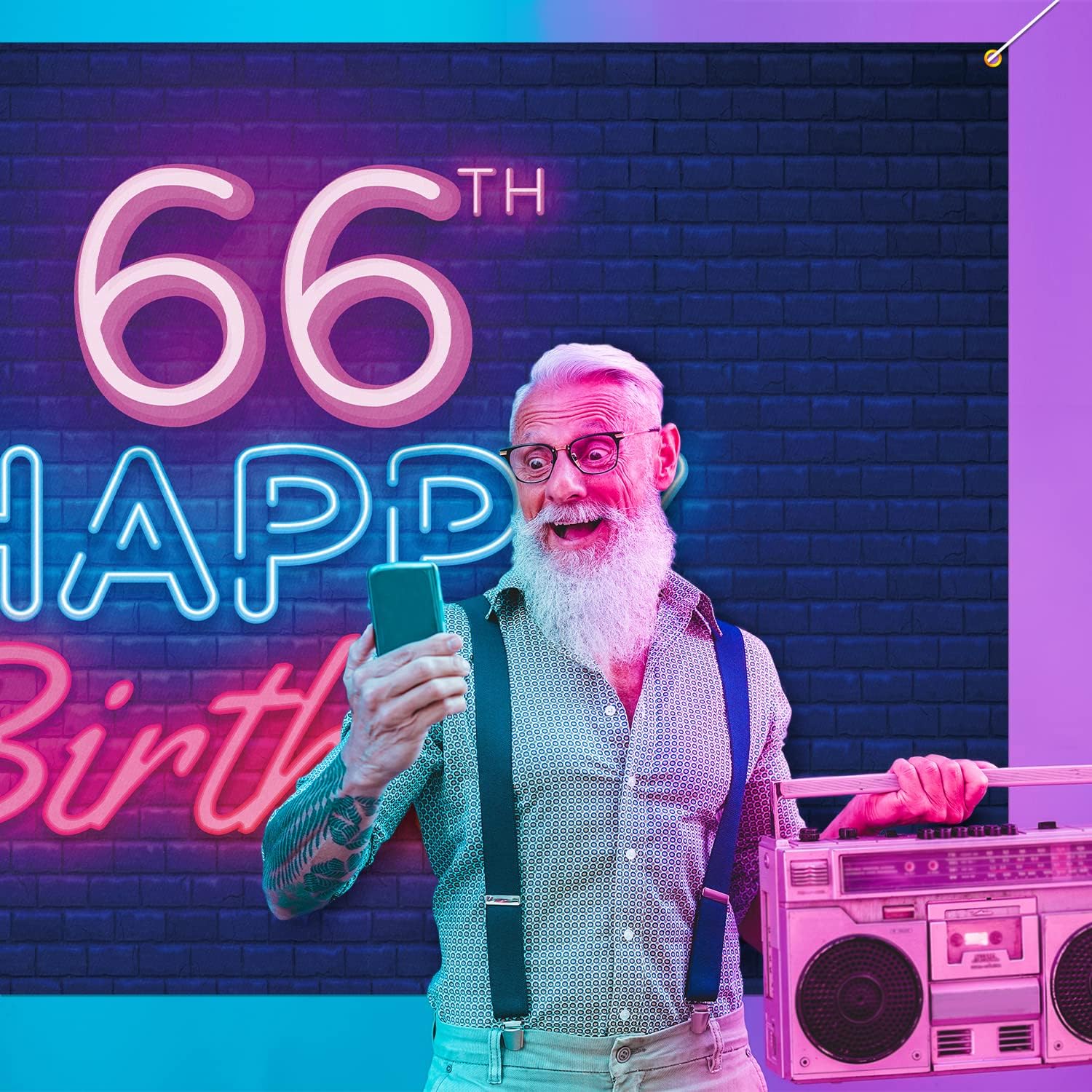 Cartel de fondo de neón brillante con texto en inglés “Happy 66th Birthday”, decoración temática de fiesta de cumpleaños de 66 años para hombres y
