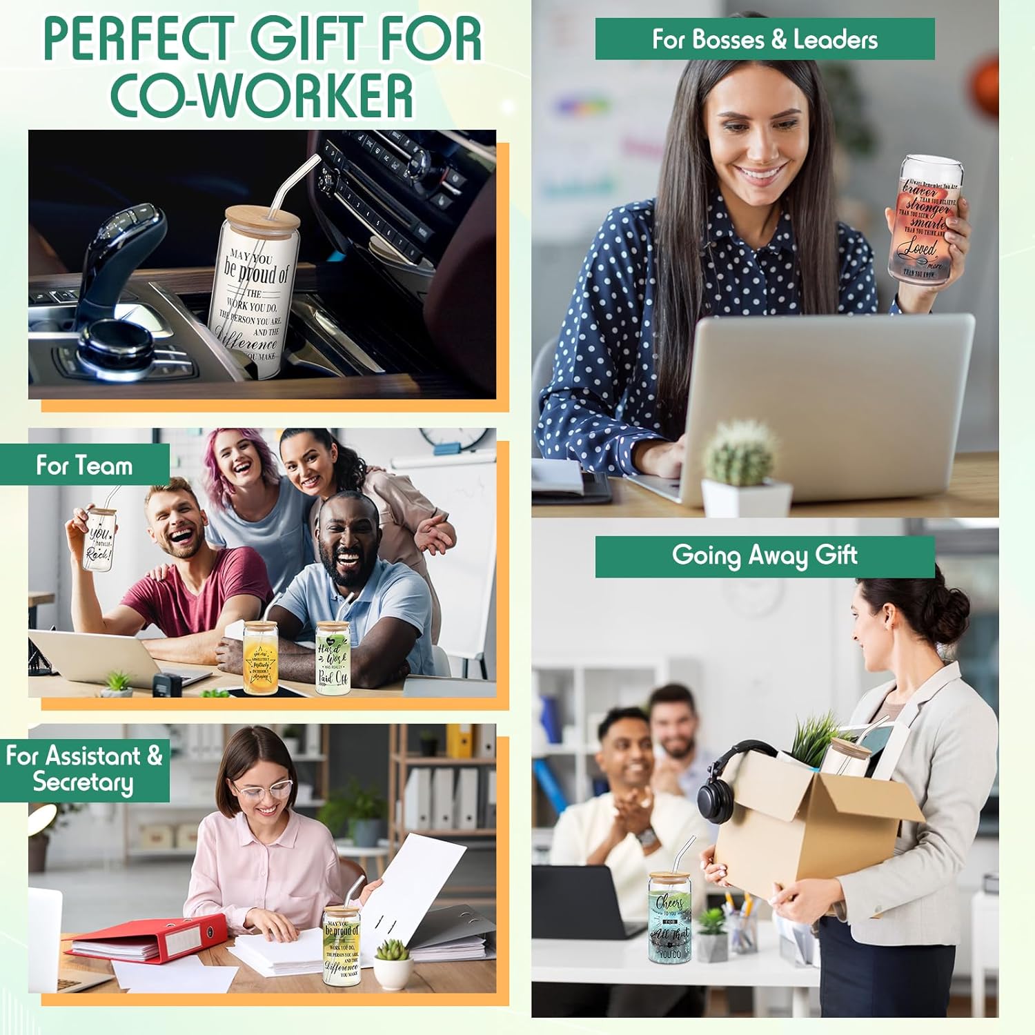 Suttmin Regalos de agradecimiento – Vasos de vidrio de 16 onzas con tapas de bambú, popotes, vasos de café helado, vasos con forma de lata de