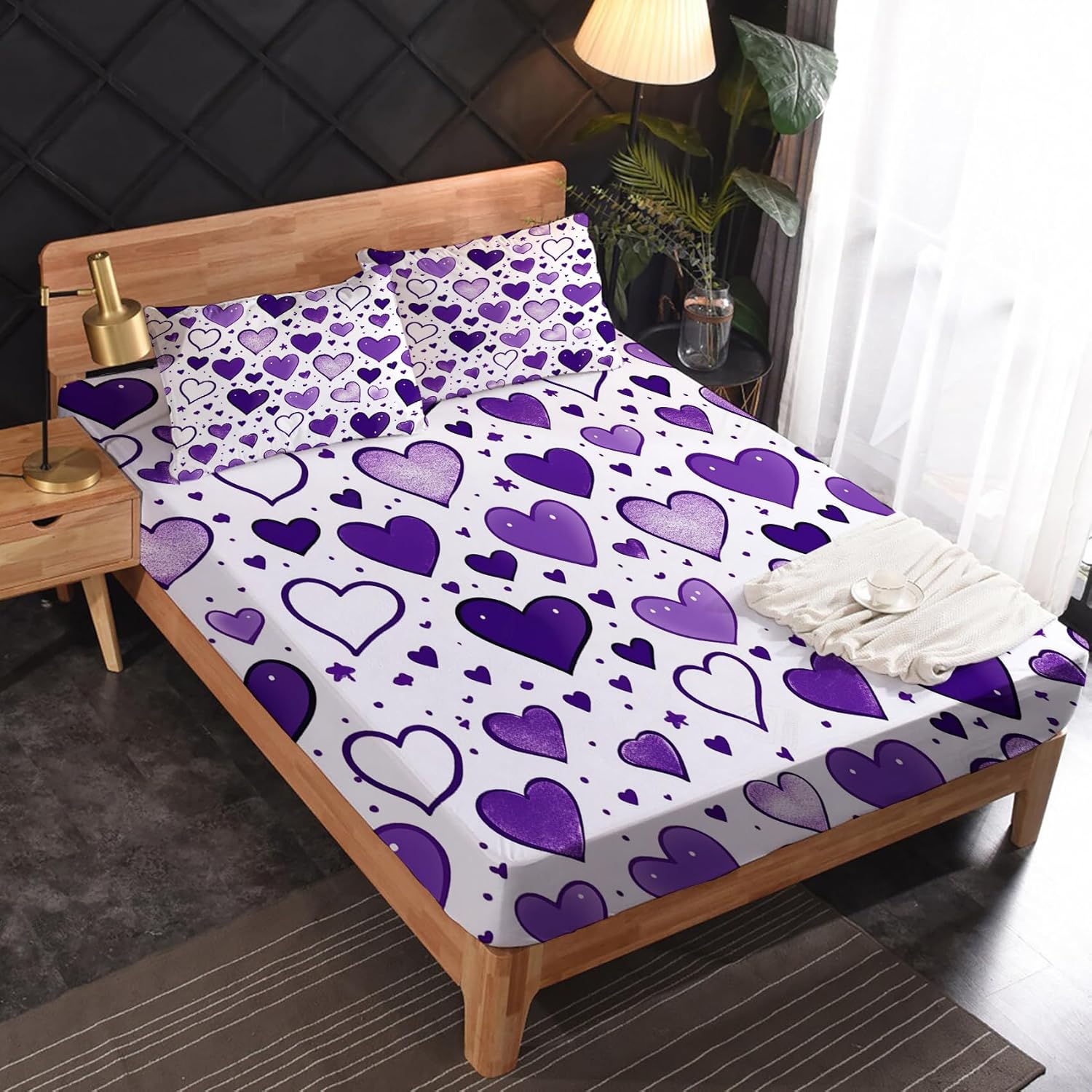 zcsm Juego de sábanas de tamaño King con diseño de corazón, sábanas de microfibra suave y bolsillo profundo, sábanas y fundas de almohada estampadas