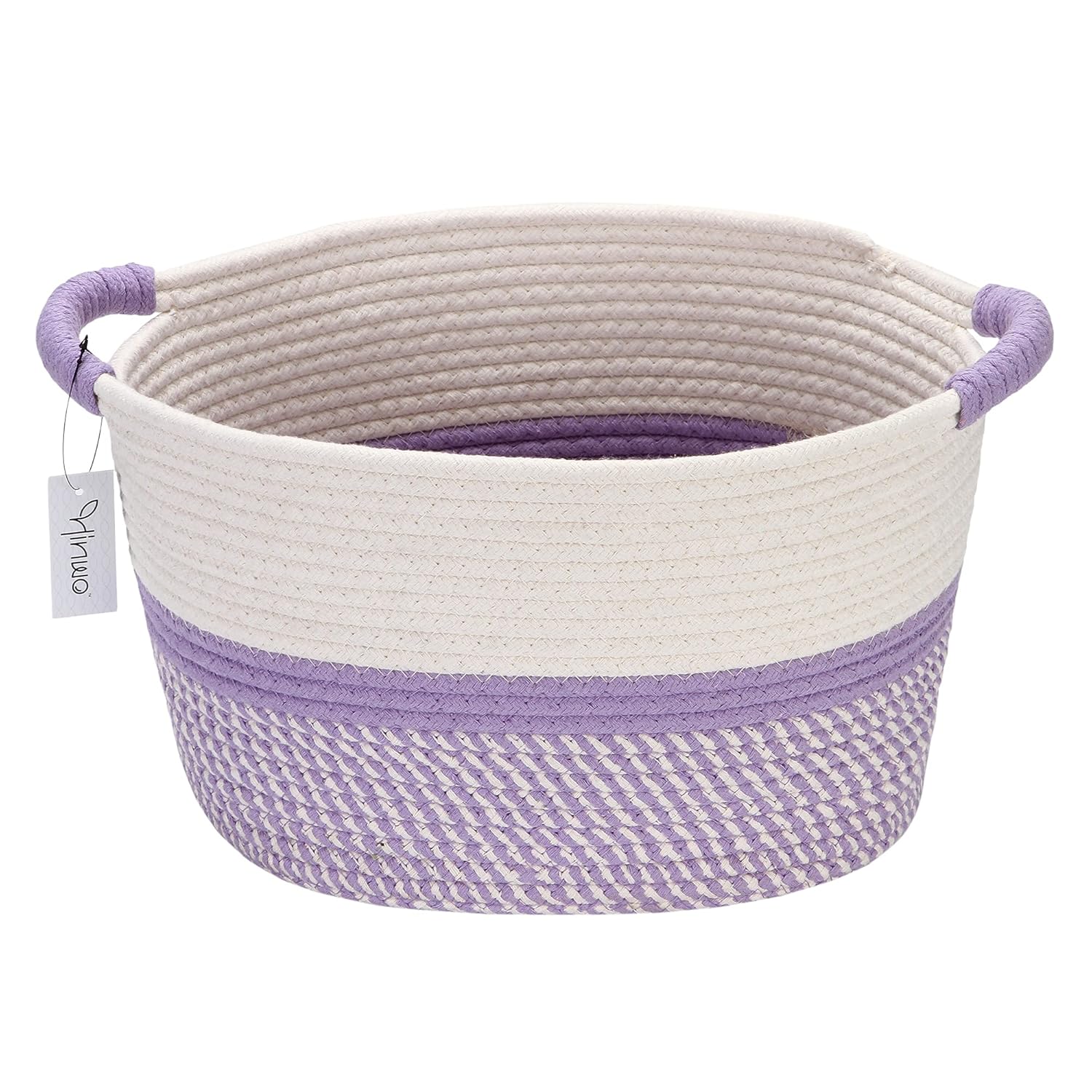 Hinwo Cesta de almacenamiento ovalada de cuerda de algodón, plegable, organizador con asas, 13 x 10 pulgadas, color blanco roto y lavanda