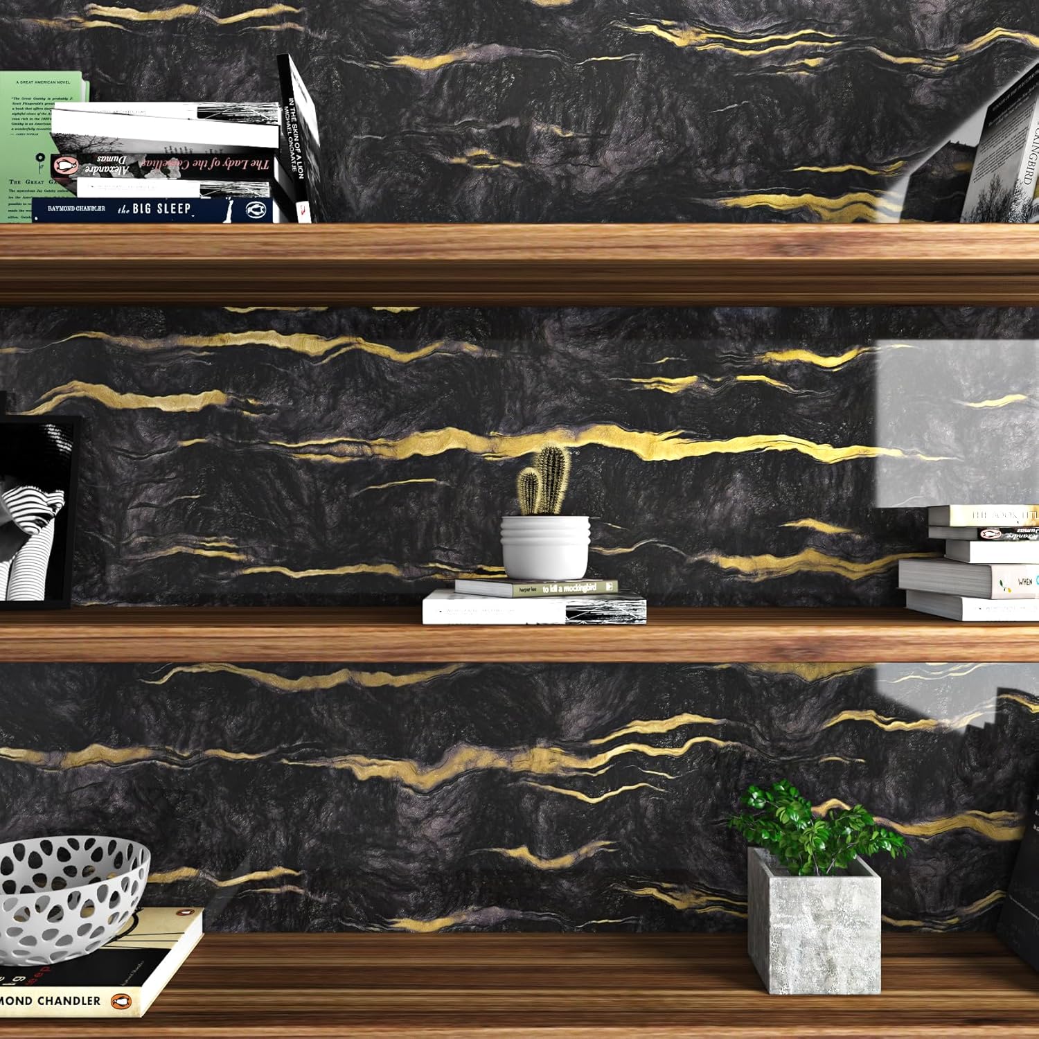Livelynine Papel adhesivo de mármol negro y dorado para encimeras, papel tapiz de mármol impermeable, despegar y pegar, paredes de baño, cubierta de