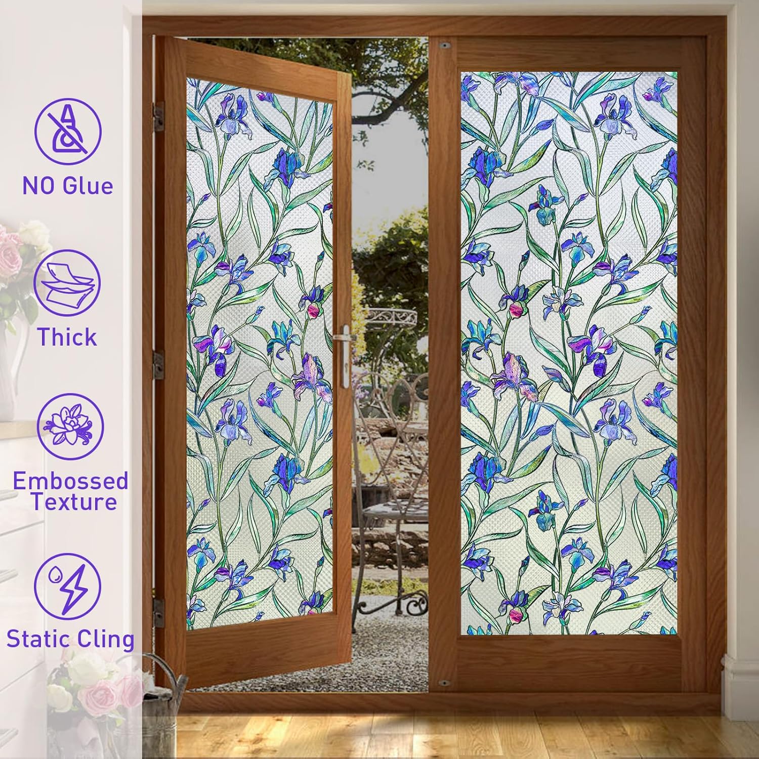 Coavas Película de privacidad para ventana, 3D, diseño floral, violeta, vitral, se adhiere a la estática, calcomanías esmeriladas para baño,