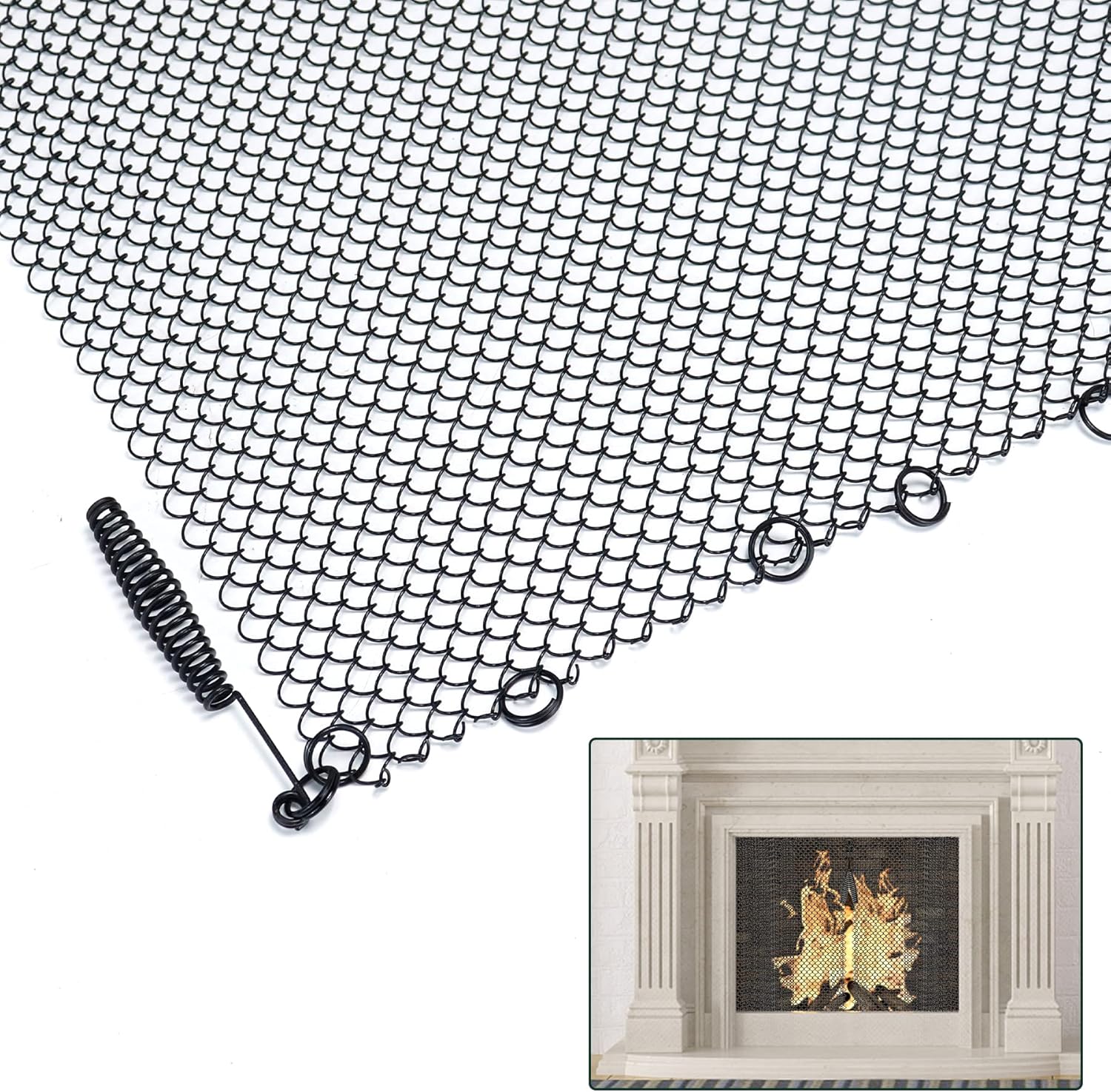 Cortina de malla para chimenea de 26 x 24 pulgadas, cortina de repuesto para chimenea, cadena decorativa de protección contra chispas, embalaje de