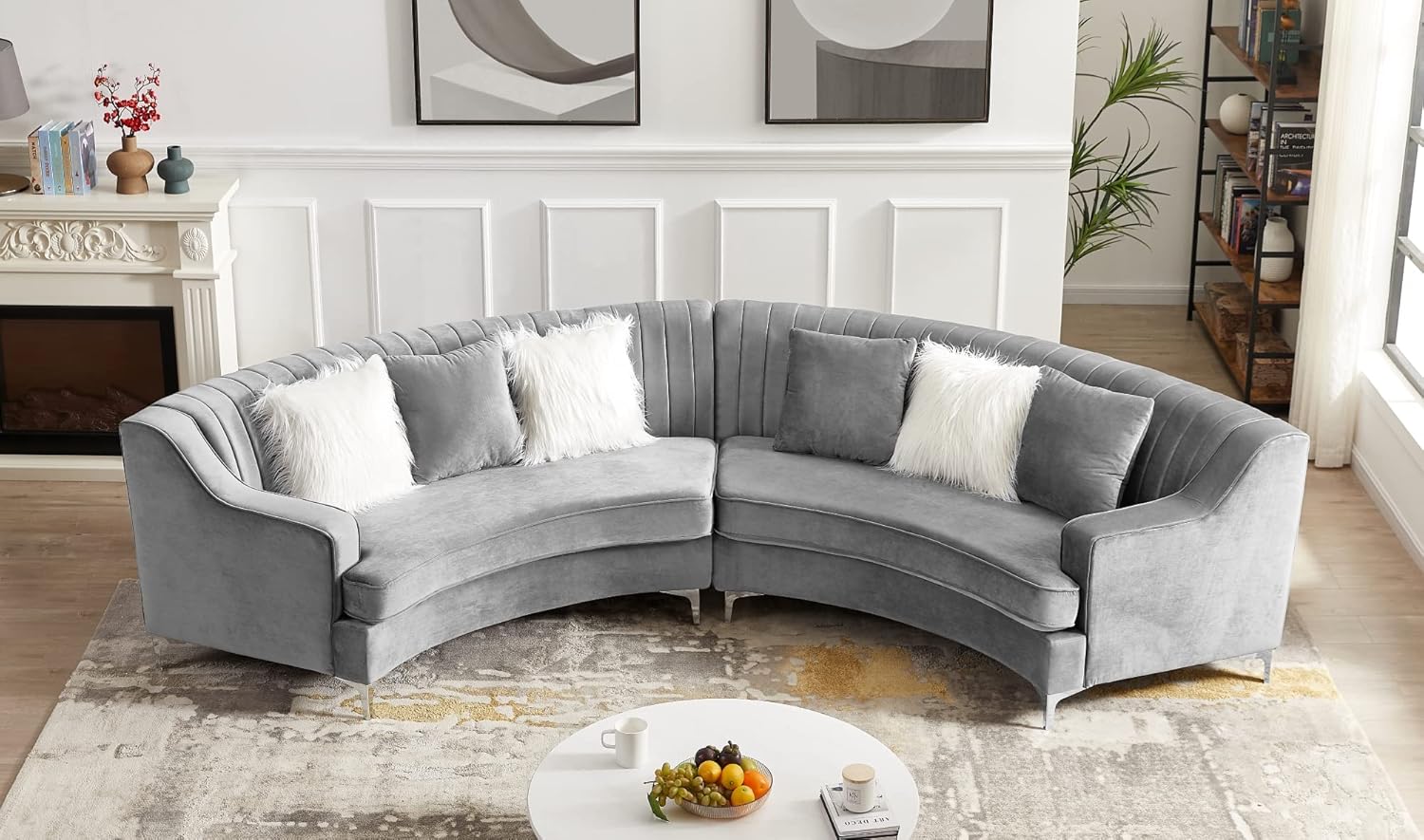 Yoglad Sofá modular curvado tapizado, sofá semicírculo de estilo moderno, sofá copetudo con patas de metal, sofá circular con almohadas Villose para