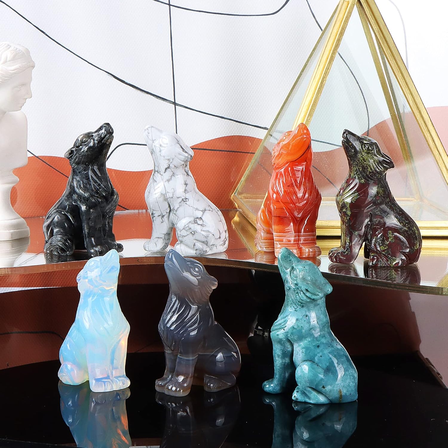 Artistone Estatua de lobo de cristal de jaspe oceánico de 2.0 pulgadas, figura de lobo deseada a mano, escultura de animales, piedra curativa para