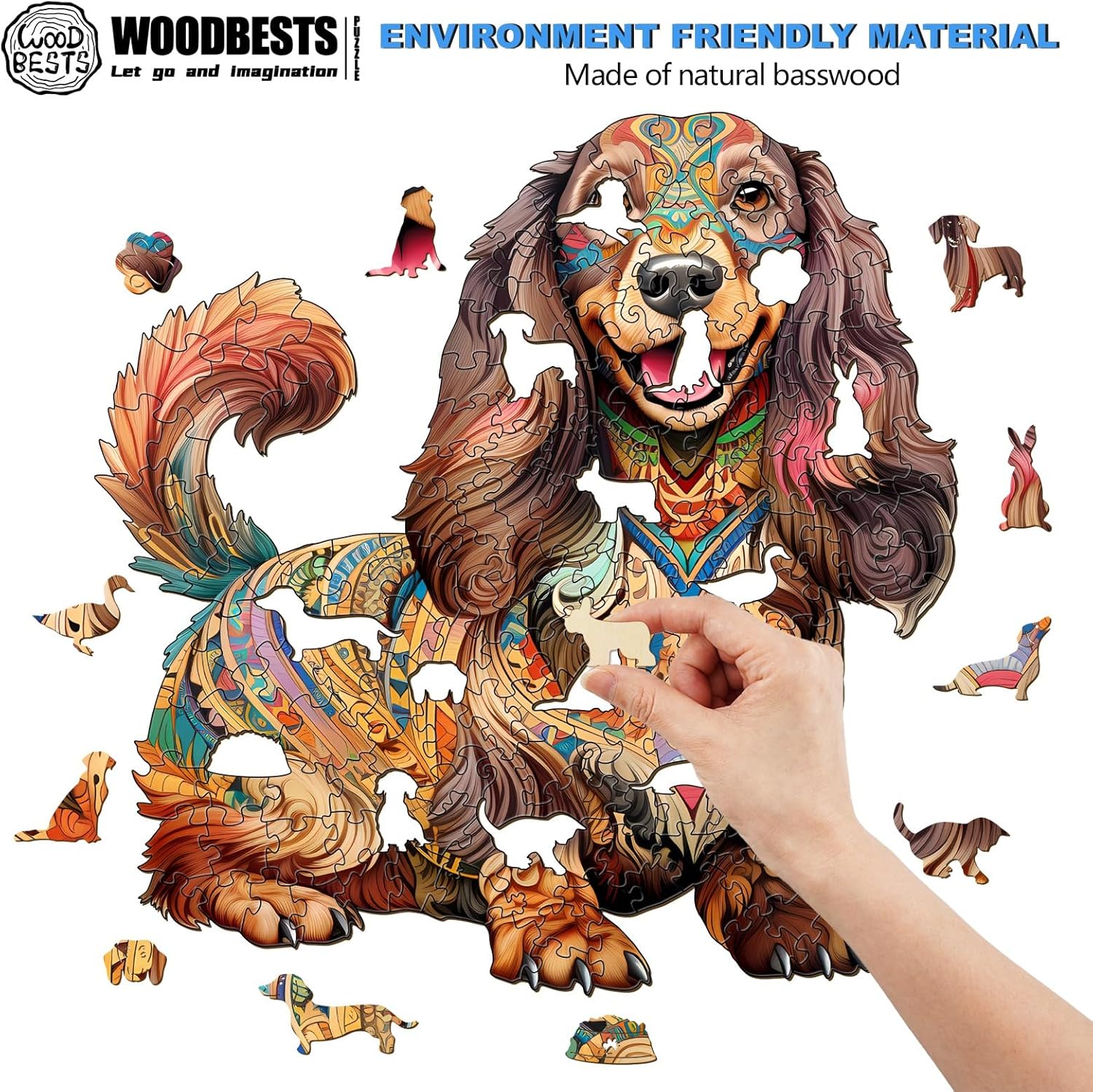 WOODBESTS Rompecabezas de madera para adultos, rompecabezas de perro salchicha de pelo largo (L, 260 piezas, 13 x 13.3 pulgadas), hermosa caja de