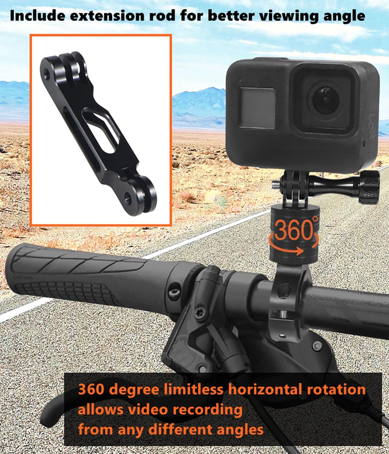 Soporte de cámara de rotación de 360 grados para Gopro, montaje de manillar de bicicleta de aluminio con barra de extensión para cámaras de acción