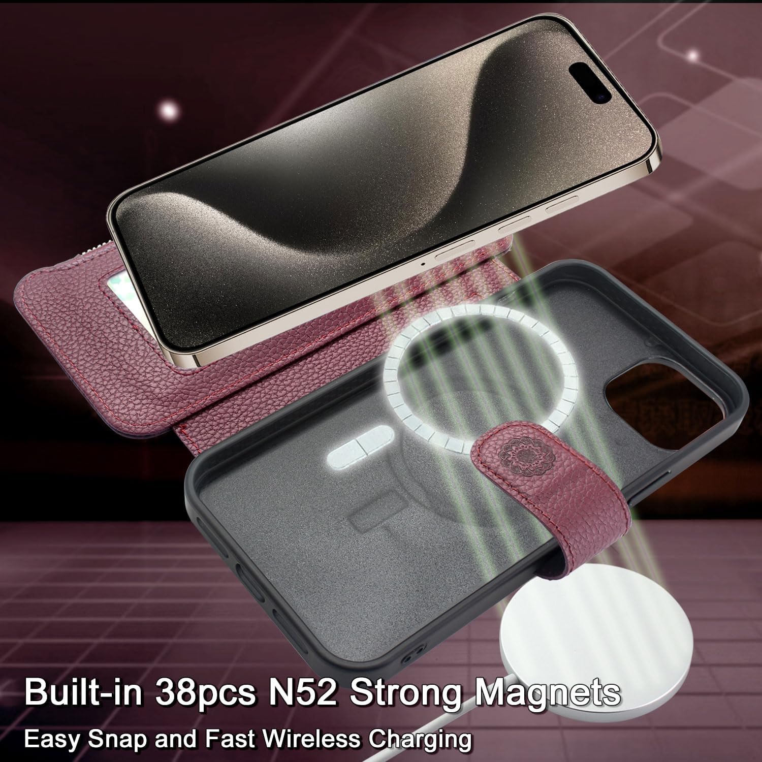 Harryshell Funda compatible con iPhone 15 Pro, con carga inalámbrica MagSafe con 3 ranuras para tarjetas, bolsillo con cremallera, bolsillo con