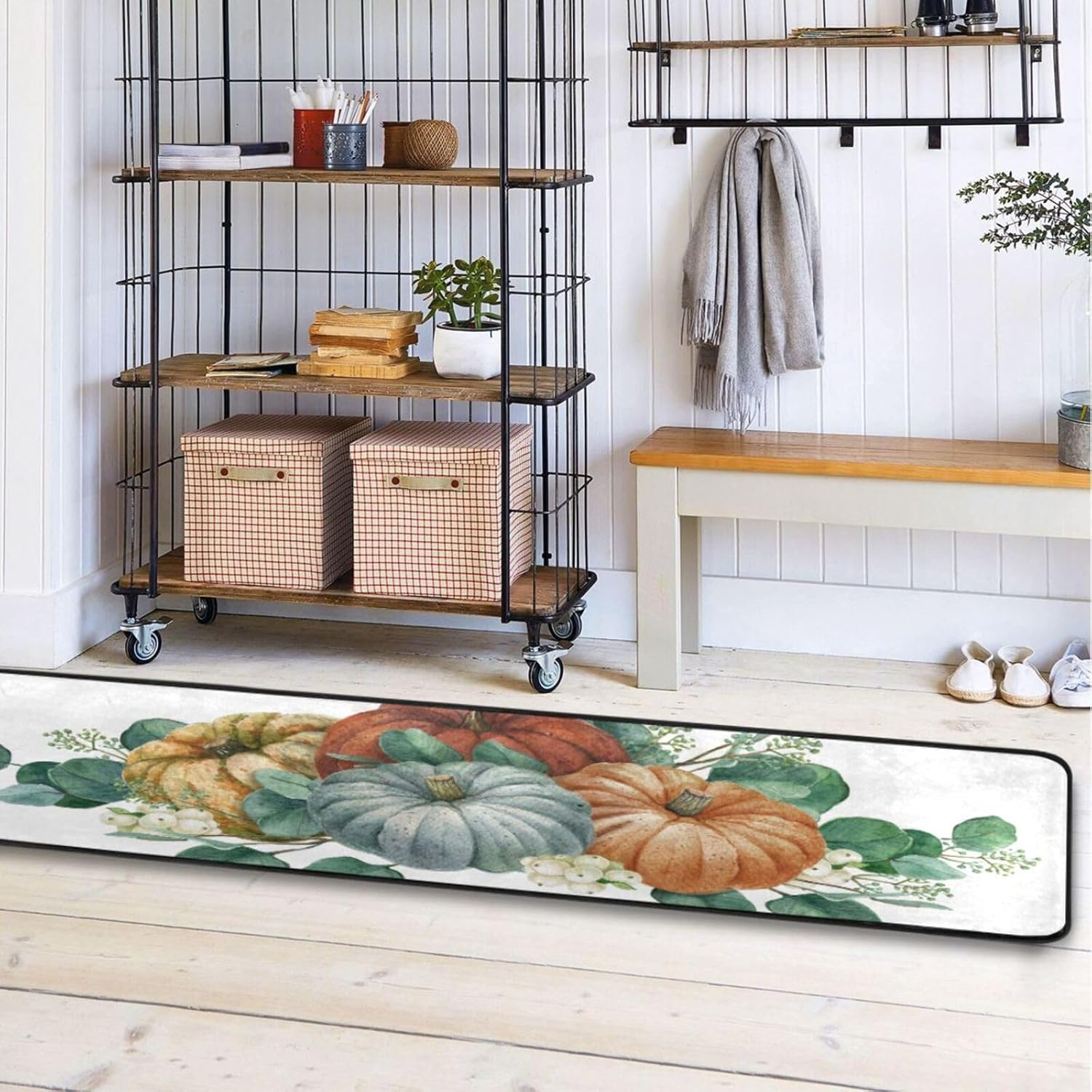 Alfombra antideslizante con hojas de calabaza, bayas, escena de cosecha de acuarela, lavable, alfombra de pasillo para lavandería, alfombra suave