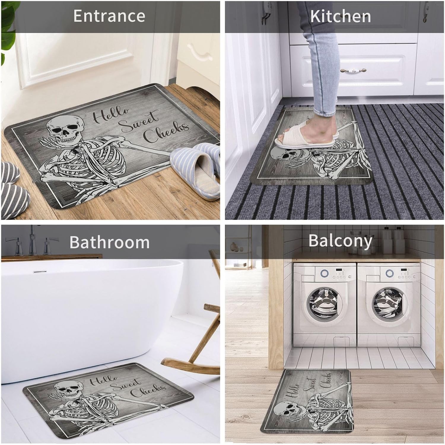 Tapete de baño de esqueleto con diseño de calavera y sonrisa gris, antideslizante, de secado rápido, lavable, para Halloween, ducha, para baño,
