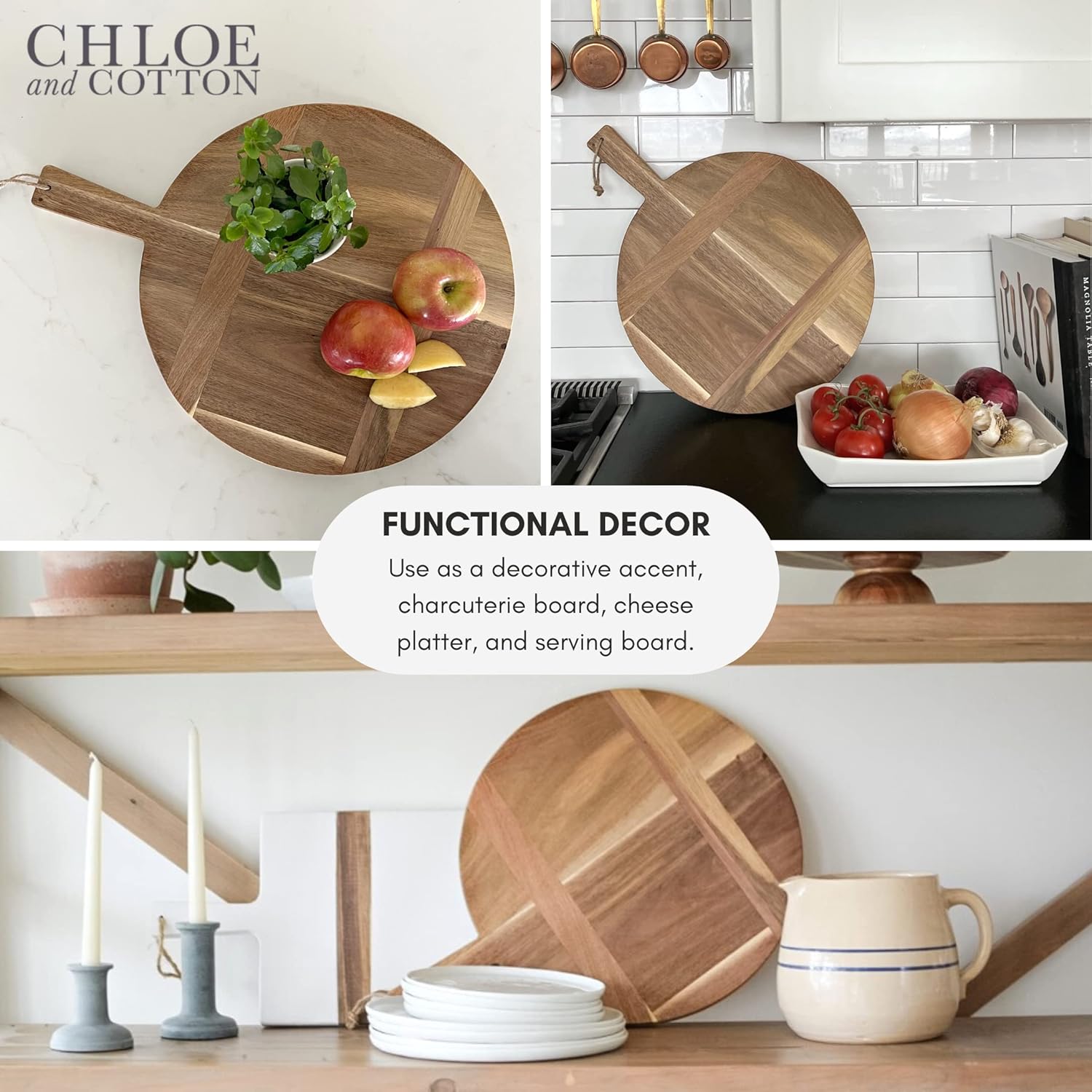 Chloe and Cotton Tabla de servir de madera de acacia de gran tamaño de 16 pulgadas de diámetro  Tabla grande para quesos  Tabla de embutidos para