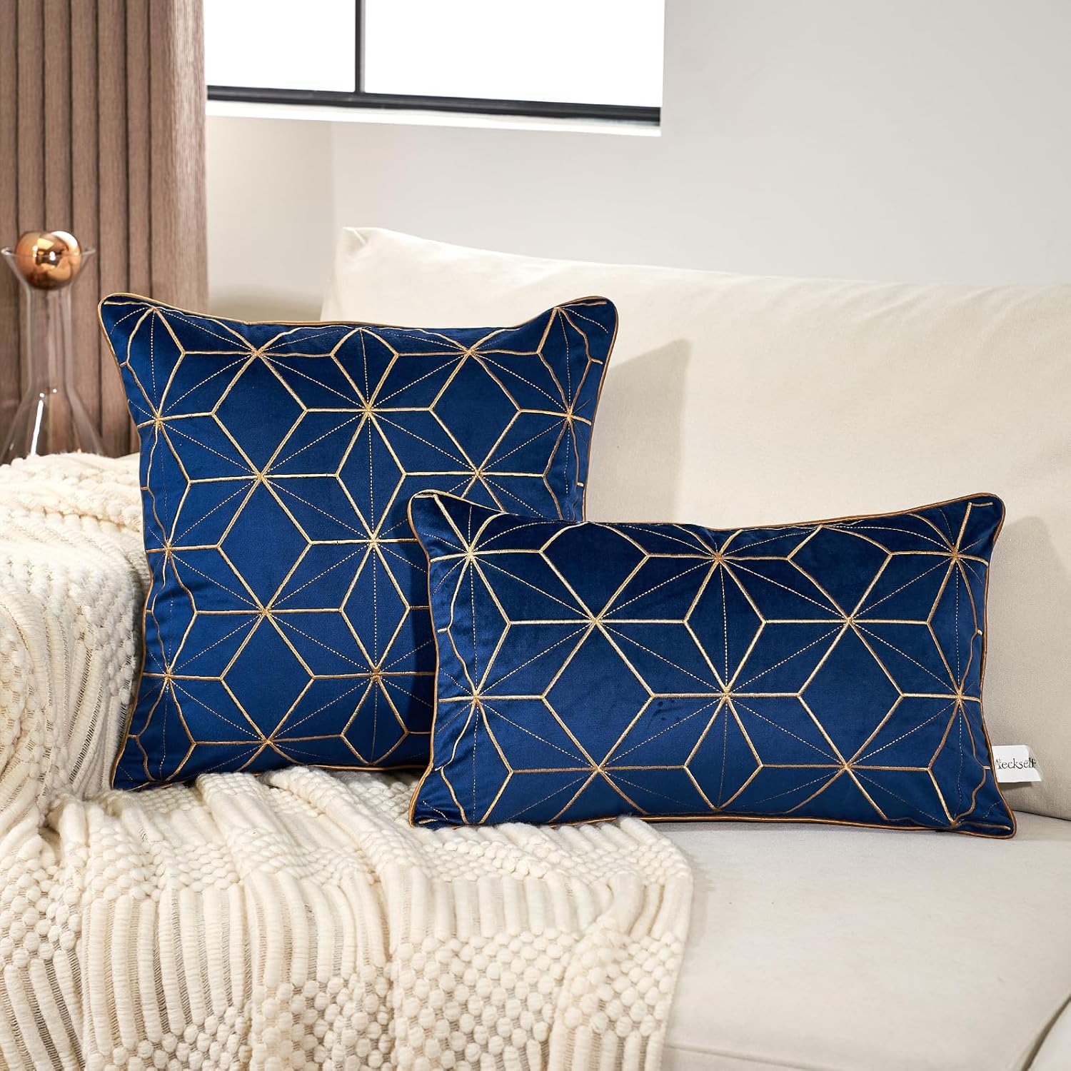 Aeckself Funda de cojín de terciopelo bordada de terciopelo de 12 x 20 pulgadas, color azul marino y dorado, funda de cojín rectangular moderna de