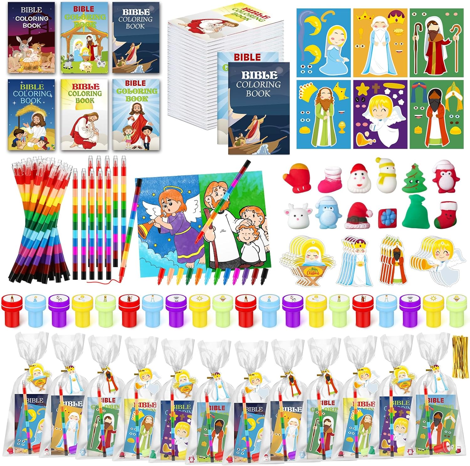 108 Pcs Christmas Party Favors Bible Coloring Book with Stacking Crayons for Kids Squishes Christmas Toys DIY Sticker Stampers Goodie Bag Fillers