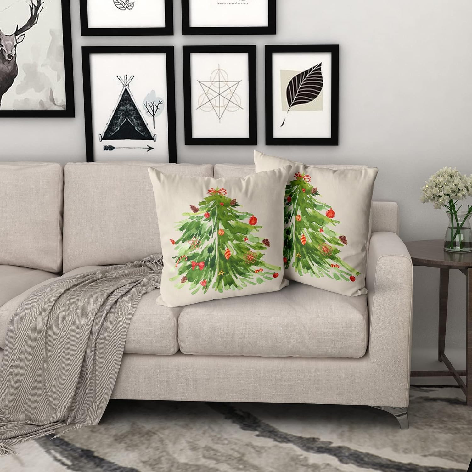 Kawani Juego de 2 fundas de almohada cuadradas decorativas con diseño de árbol de Navidad en acuarela de 20 x 20 pulgadas, fundas de almohada