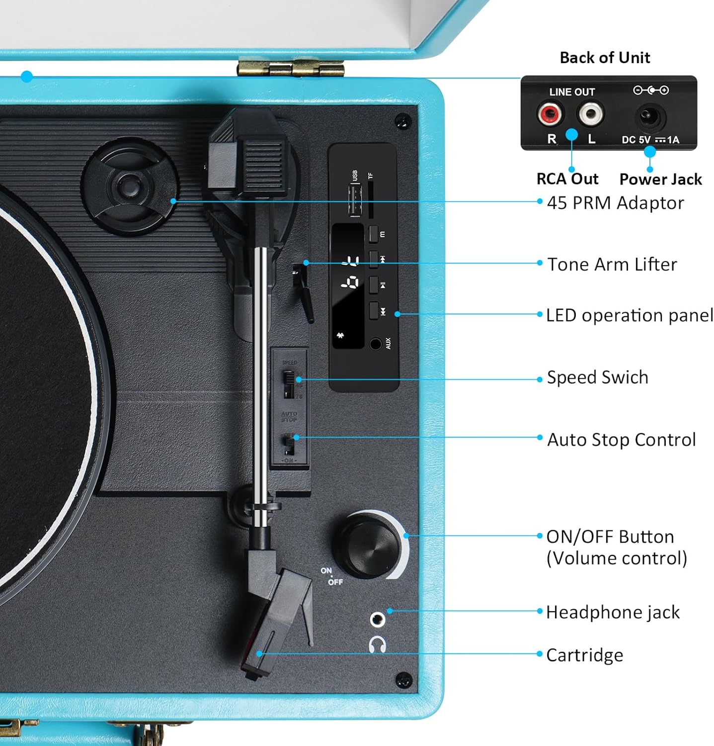 Tocadiscos portátil de maleta con Bluetooth vintage con altavoces integrados, tocadiscos de 3 velocidades con grabación de audio de vinilo USB,