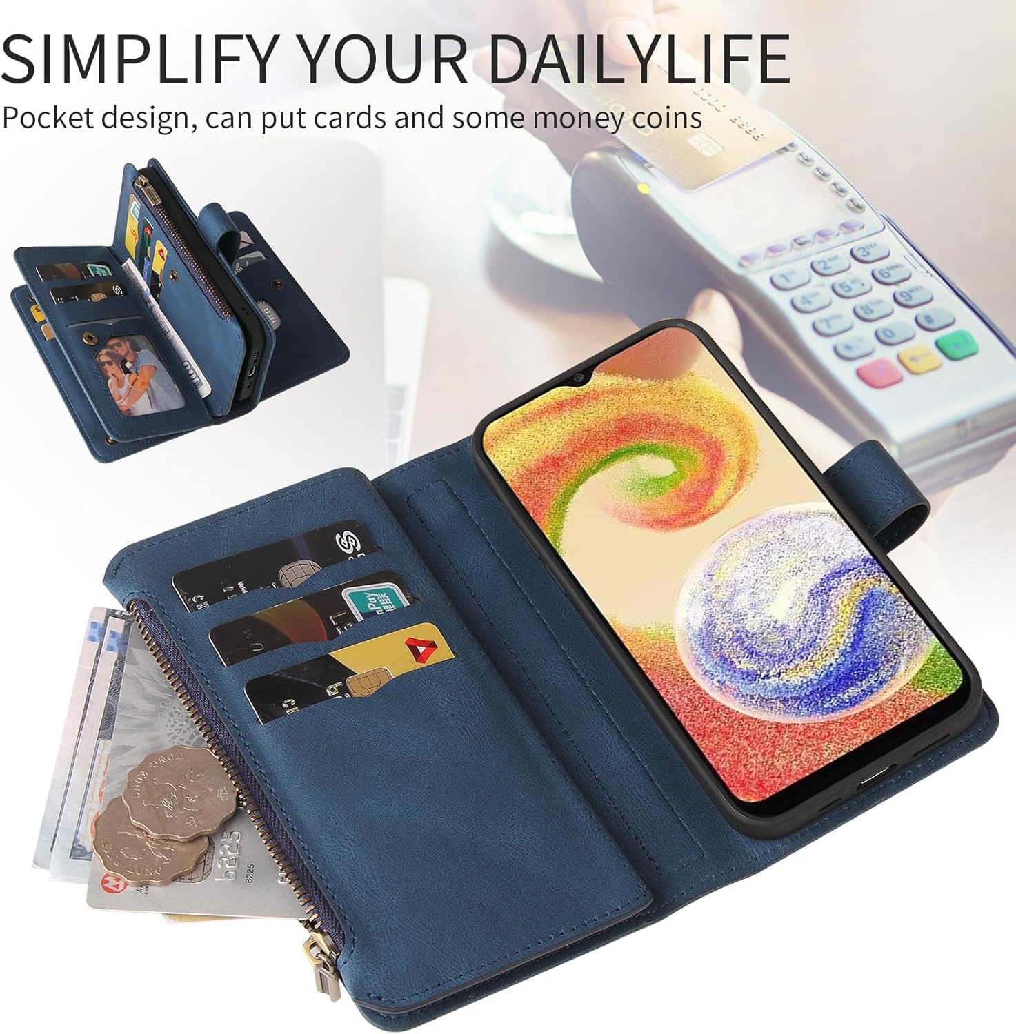 Asuwish Funda de teléfono para Samsung Galaxy A04e Funda tipo cartera con protector de pantalla de vidrio templado y correa para la muñeca de cuero
