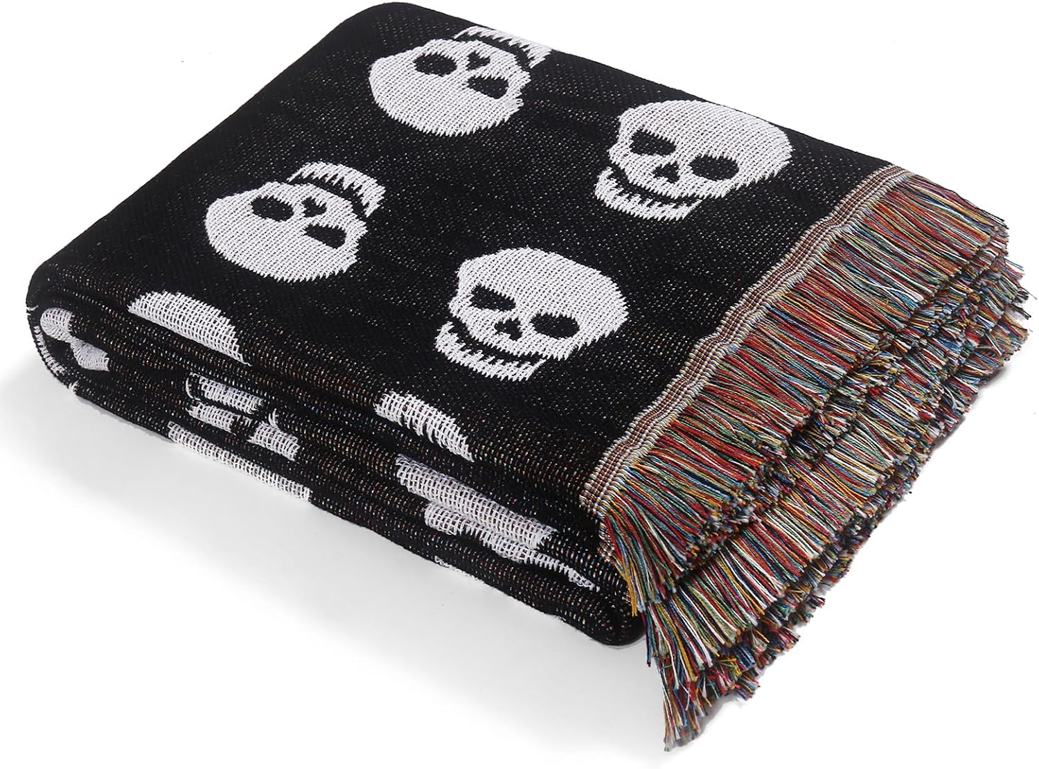 Manta bohemia reversible de algodón, tapiz bohemio hippie para decoración de habitación de doble cara (estampado de calavera bohemio, negro, 50 x 60