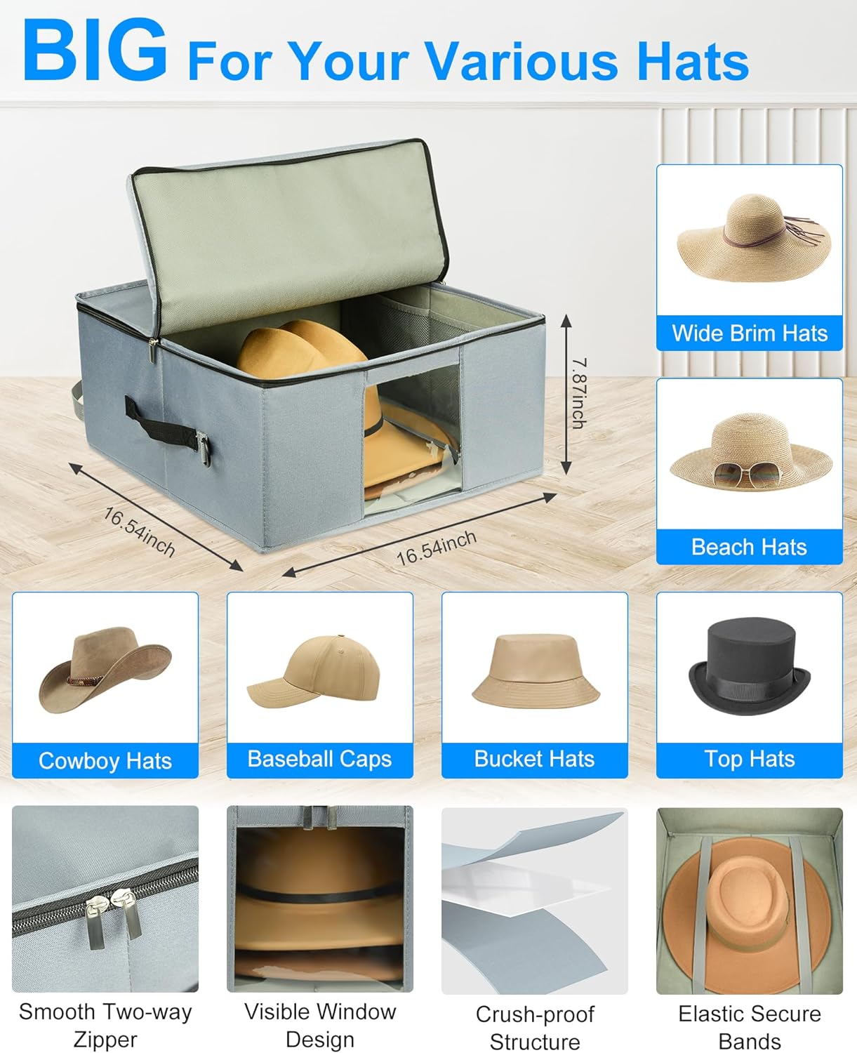 Allgawise Caja de almacenamiento para sombreros, contenedor apilable mejorado para organizar sombreros, contenedor para armario, caja de viaje