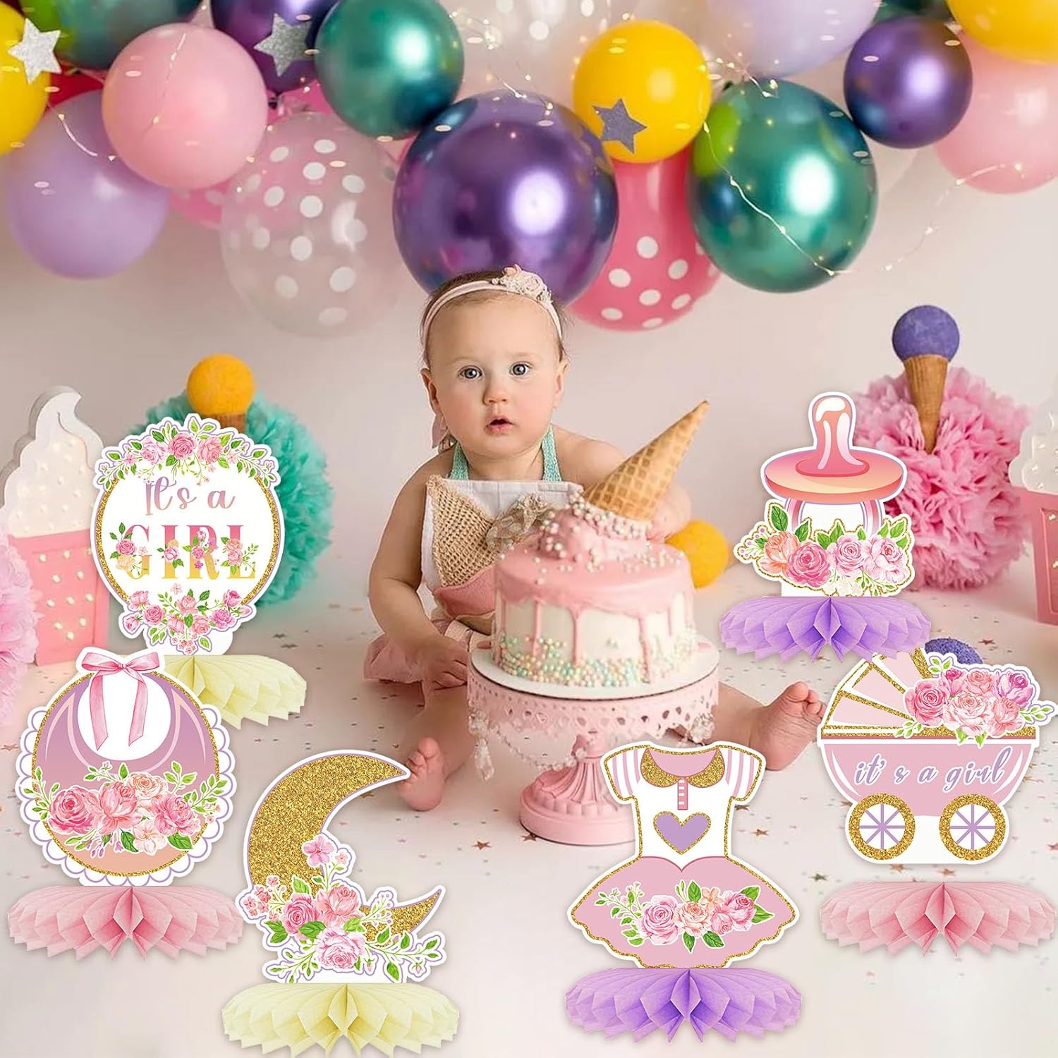 12 centros de mesa de nido de abeja para baby shower, decoración de fiesta para niñas, diseño floral de oro rosa rosa con texto en inglés “It’s a