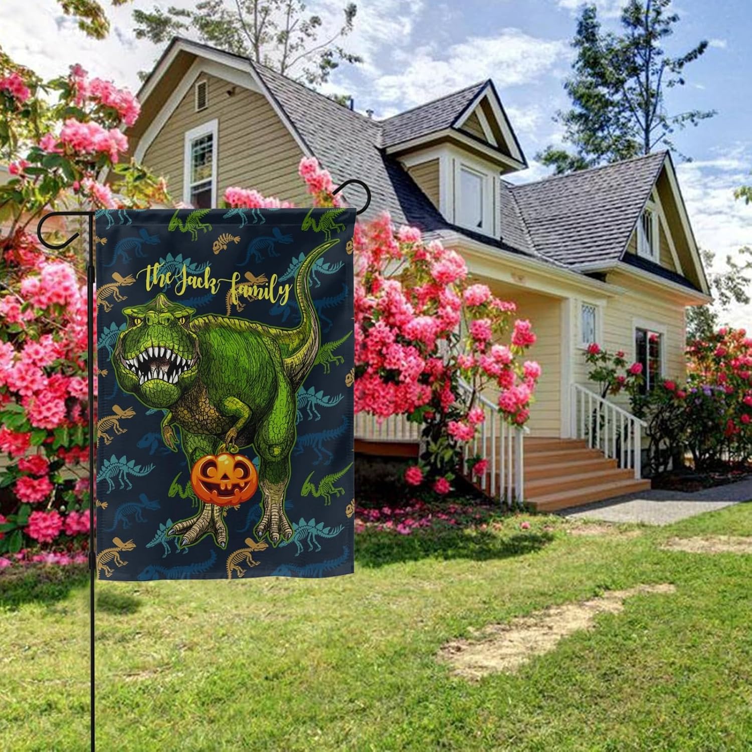 Bandera de jardín de dinosaurio personalizada con calabaza, banderas con nombre personalizado para patio exterior, decoración del hogar, pancarta de