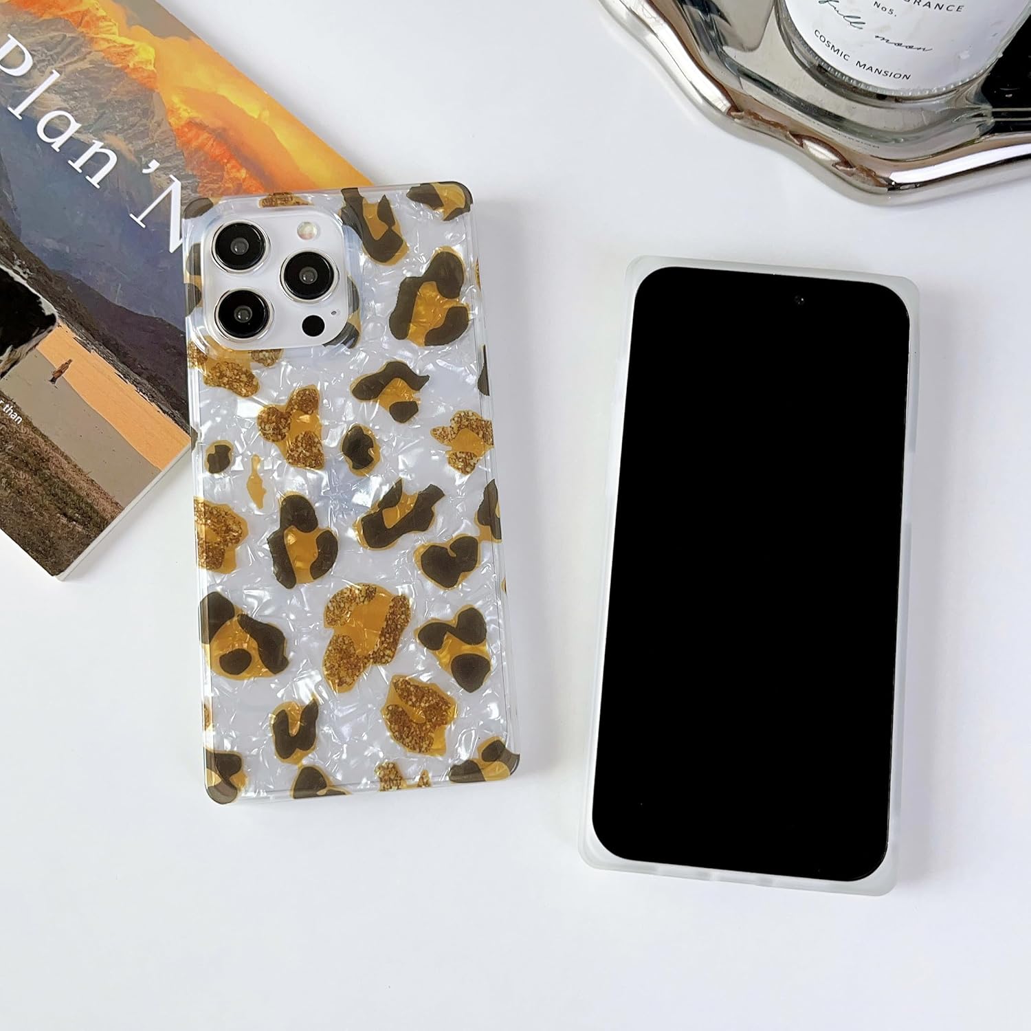 Jmltech Funda para iPhone 15 Pro Square Glitter Leopard Cheeath Hybrid a prueba de golpes de silicona transparente de lujo fundas protectoras iPhone