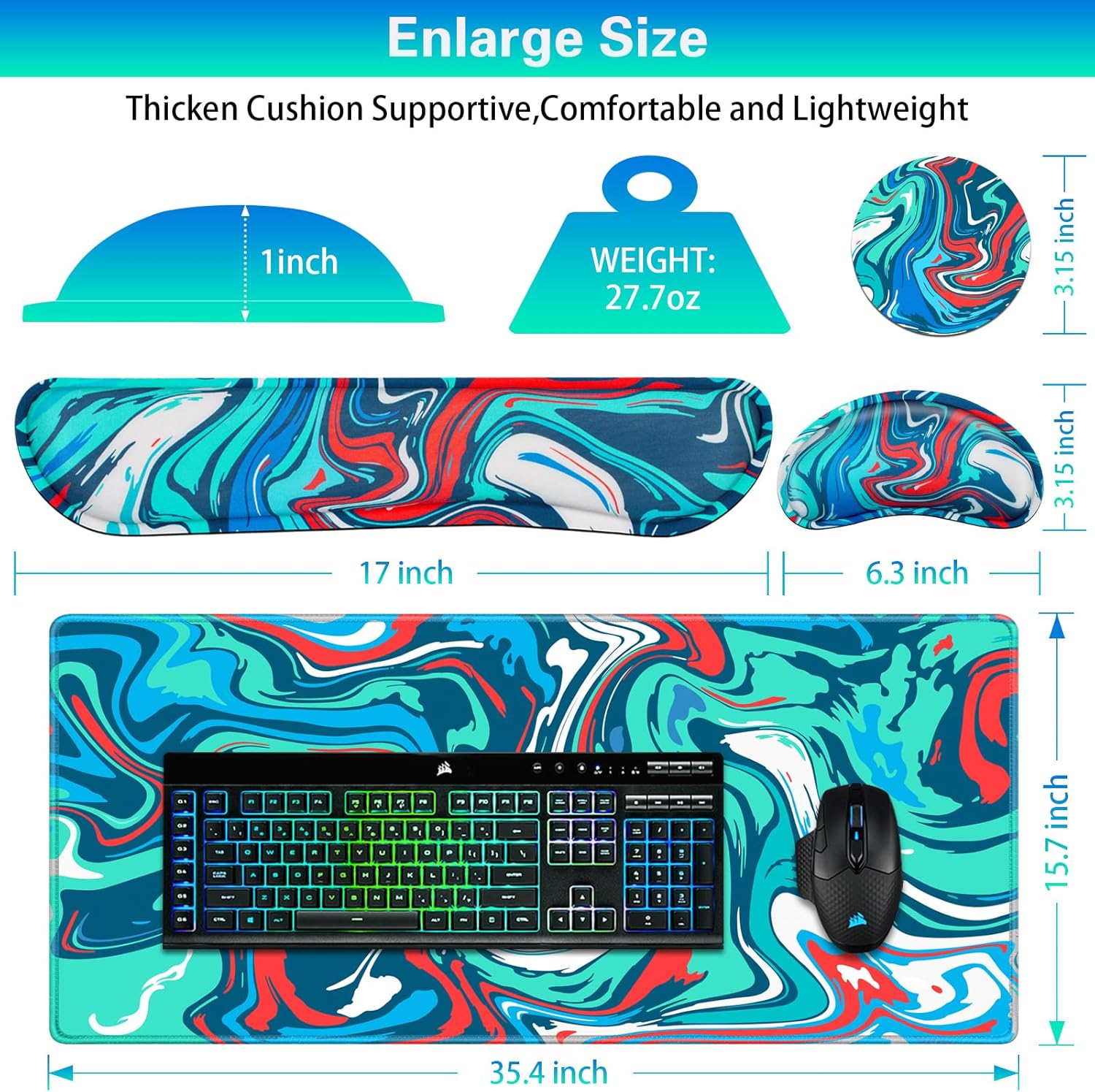 Canjoy Juego de alfombrillas de mouse para juegos, 4 en 1 XXL grande + reposamuñecas para teclado + posavasos (35.4 x 15.7 pulgadas), almohadilla de
