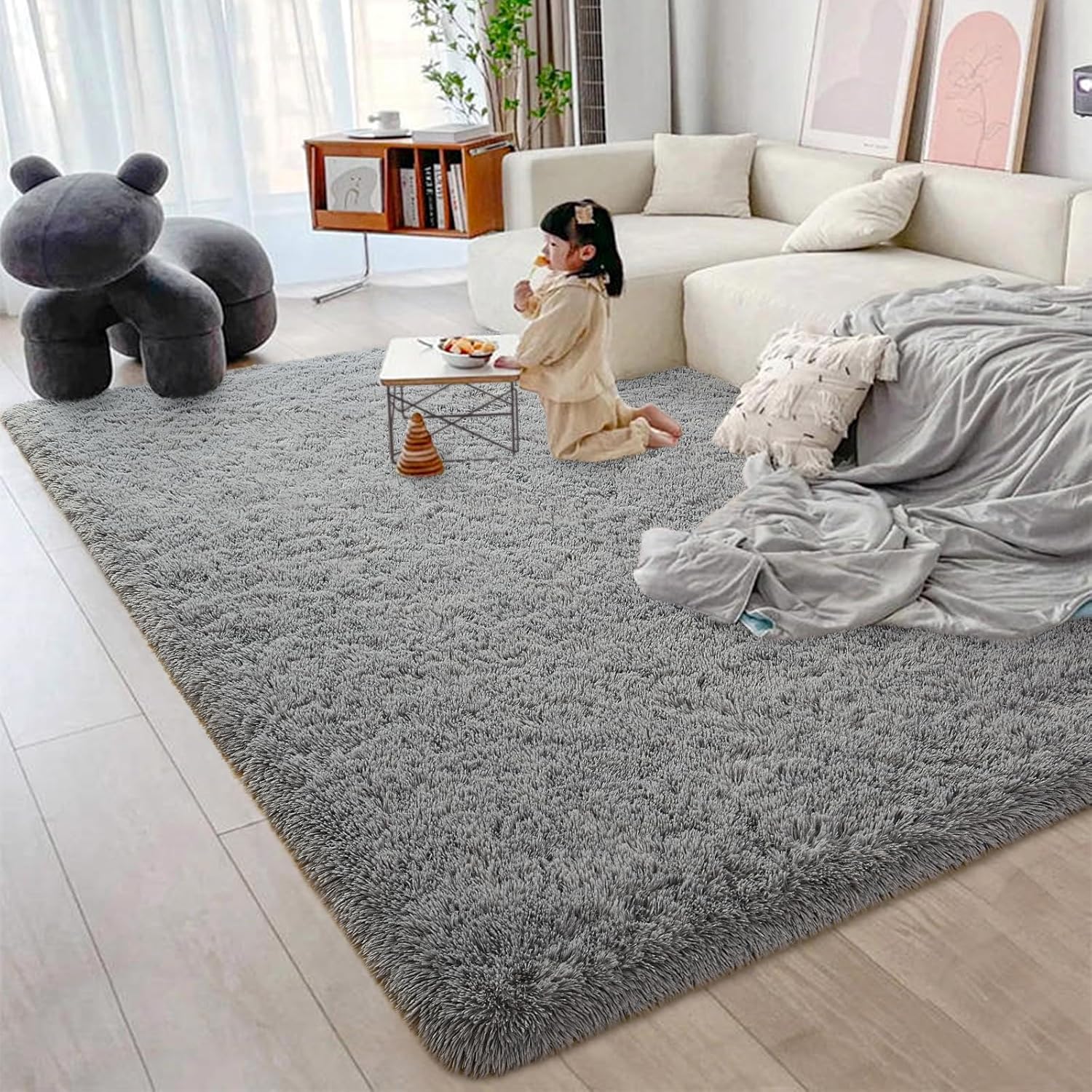 Jocovieh Alfombras grises suaves para dormitorio, alfombras esponjosas de 5 x 7 pies, alfombras modernas de felpa para sala de estar, habitación de