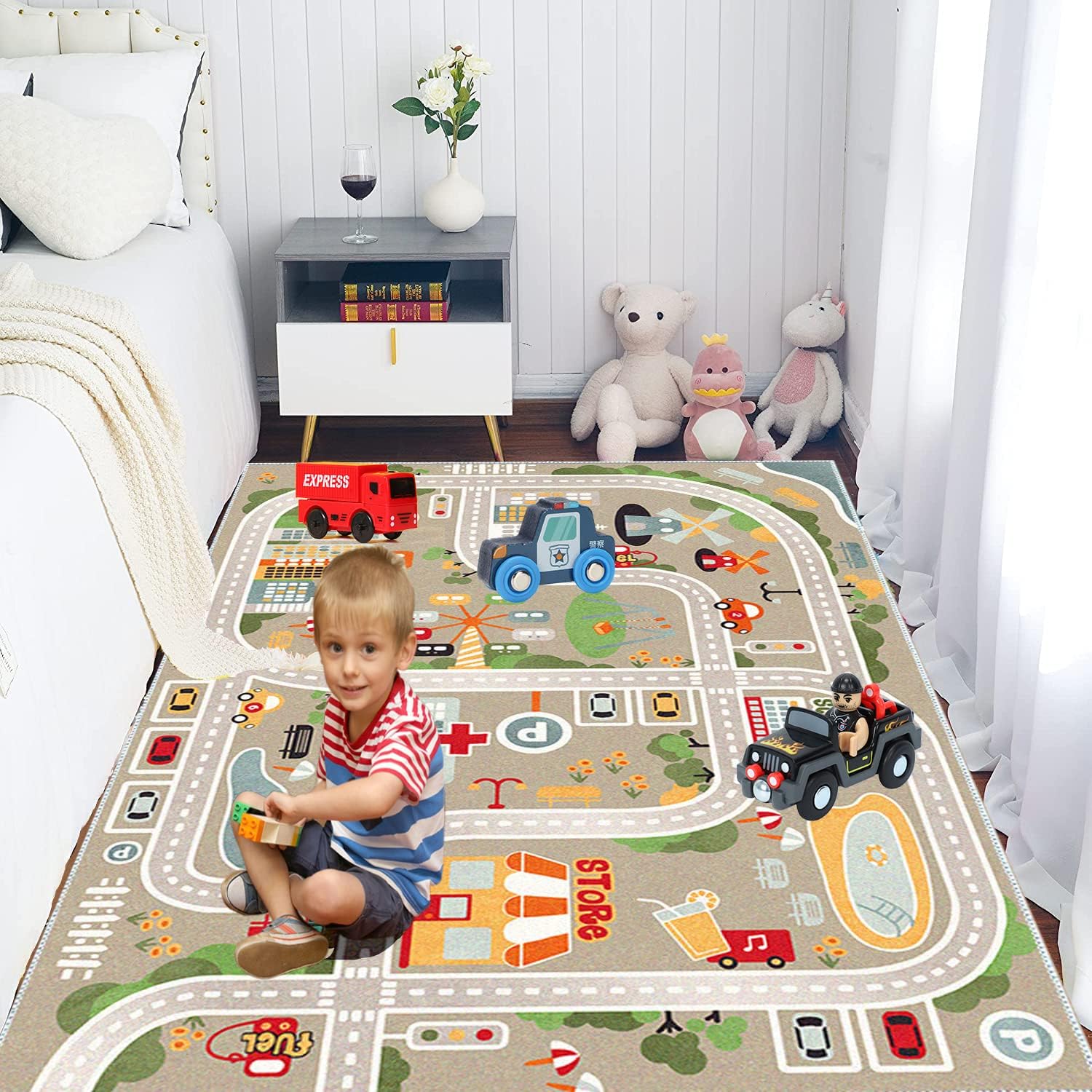 Alfombra de juegos para niños, alfombra de juego de vida urbana para autos de juguete y trenes, alfombra de área de juegos con respaldo de goma,