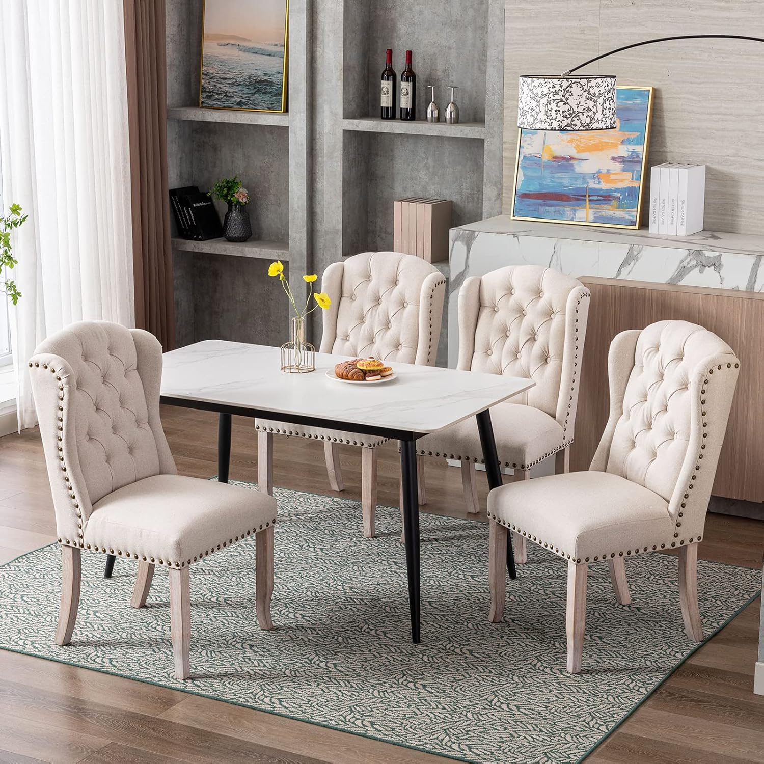 Juego de 2 sillas de comedor clásicas tapizadas de lino con respaldo alto y patas de madera, cómodas sillas laterales sin brazos para cocina,