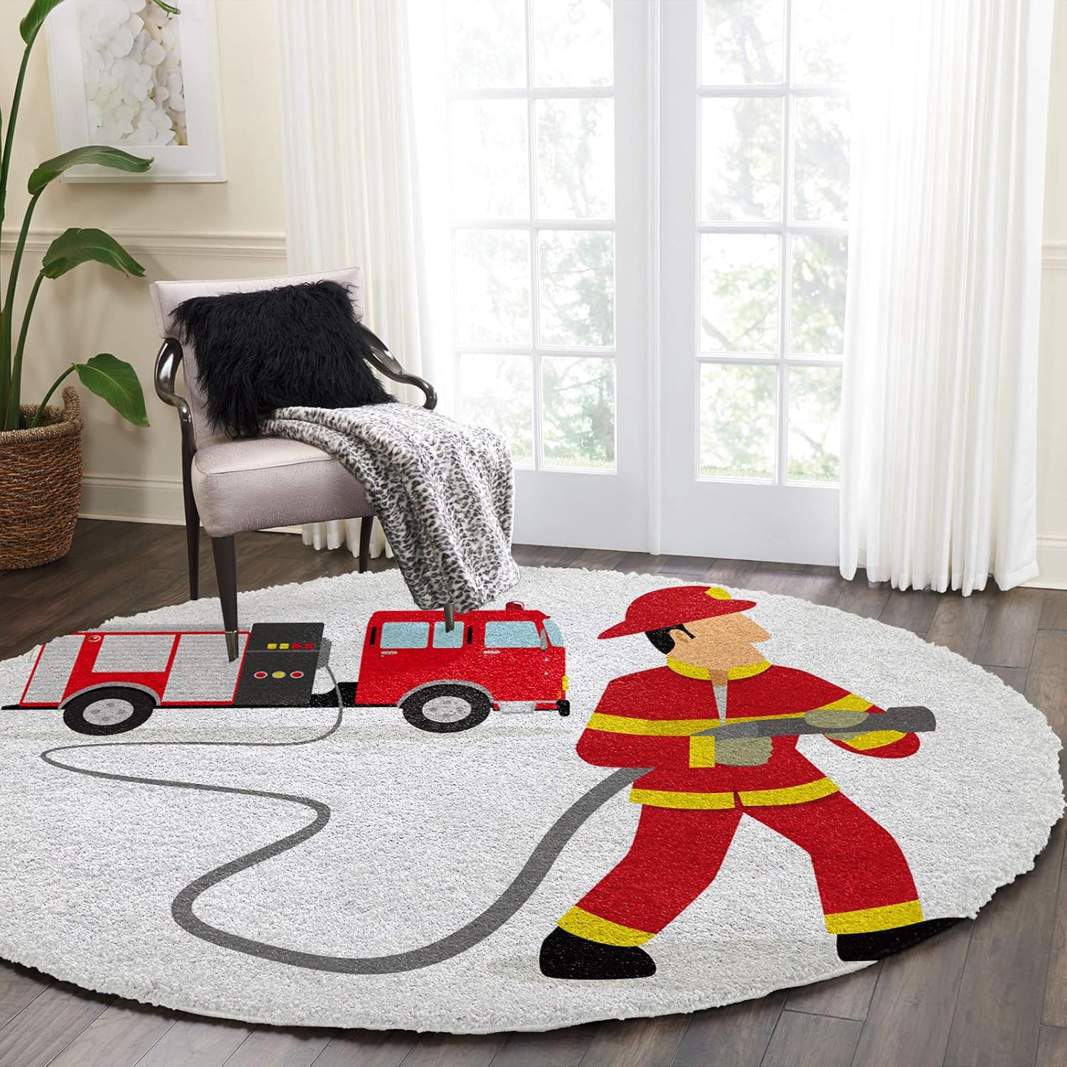 Alfombra de área de 4 pies, redonda, para interiores, camión de bomberos y bomberos, alfombra lanuda para niños, habitación de bebé, sala de estar,