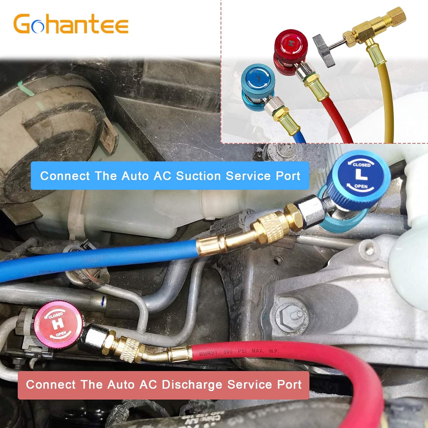 Adaptador de acoplador rápido ajustable de CA R134A, kit alto y bajo con válvula de grifo de perforación R134A, adaptador de tanque R134A, 2