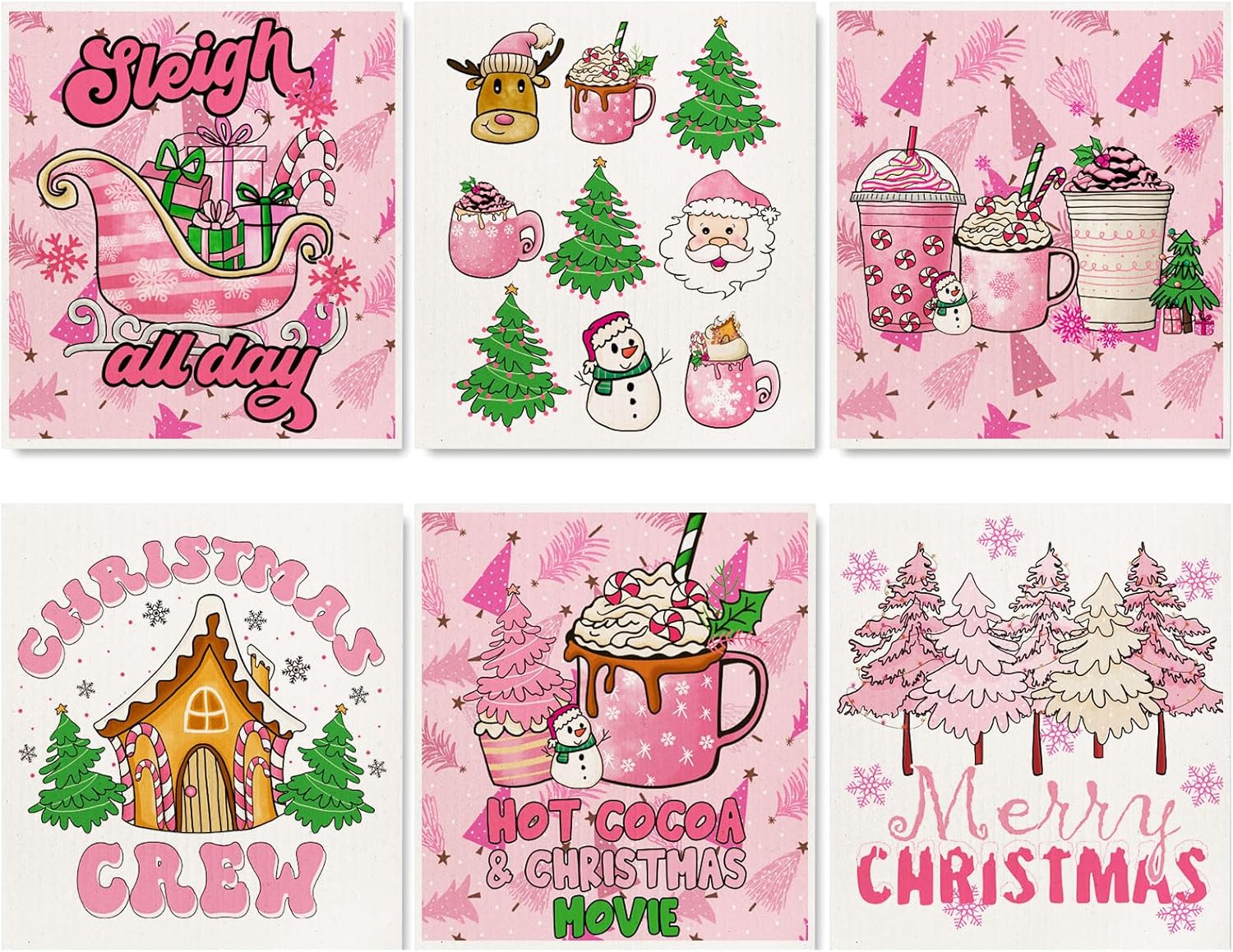 AnyDesign 6 paños de cocina suecos de Navidad, color rosa, con texto en inglés “Merry Christmas”, reutilizables, para invierno, árbol de Navidad,