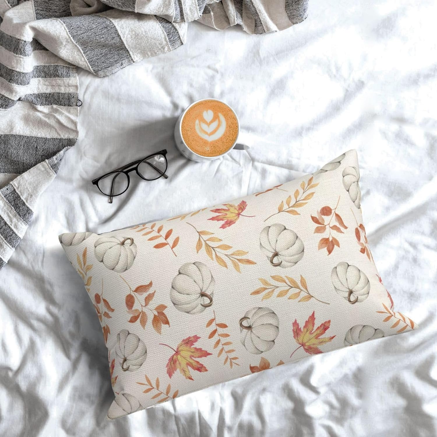 Juego de 2 fundas de almohada de otoño de 12 x 20 pulgadas, decoración de otoño, hojas de arce y calabaza, almohadas de temporada al aire libre,