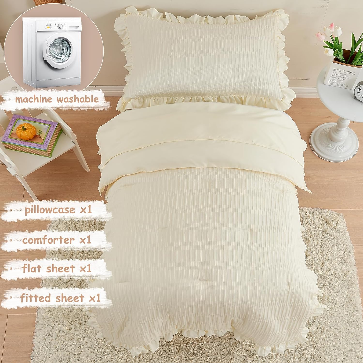 Juego de ropa de cama de 4 piezas con textura de sirsaca para niñas, juego de sábanas para cuna, color beige, con volantes, ropa de cama suave y