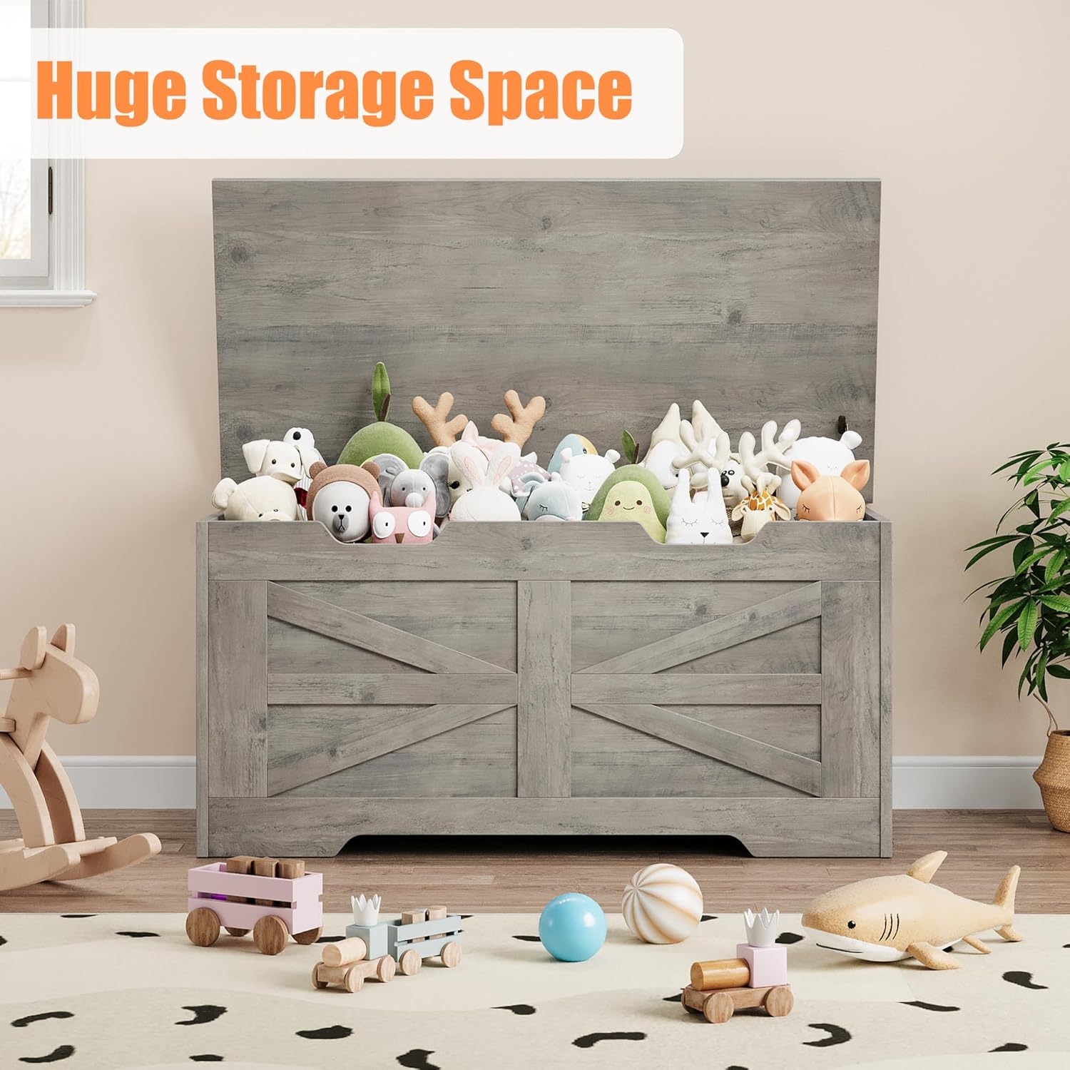 IDEALHOUSE Cofre de almacenamiento, baúl de juguetes de 39.4 pulgadas para niños y niñas, caja de juguetes grande de madera para niños, banco de