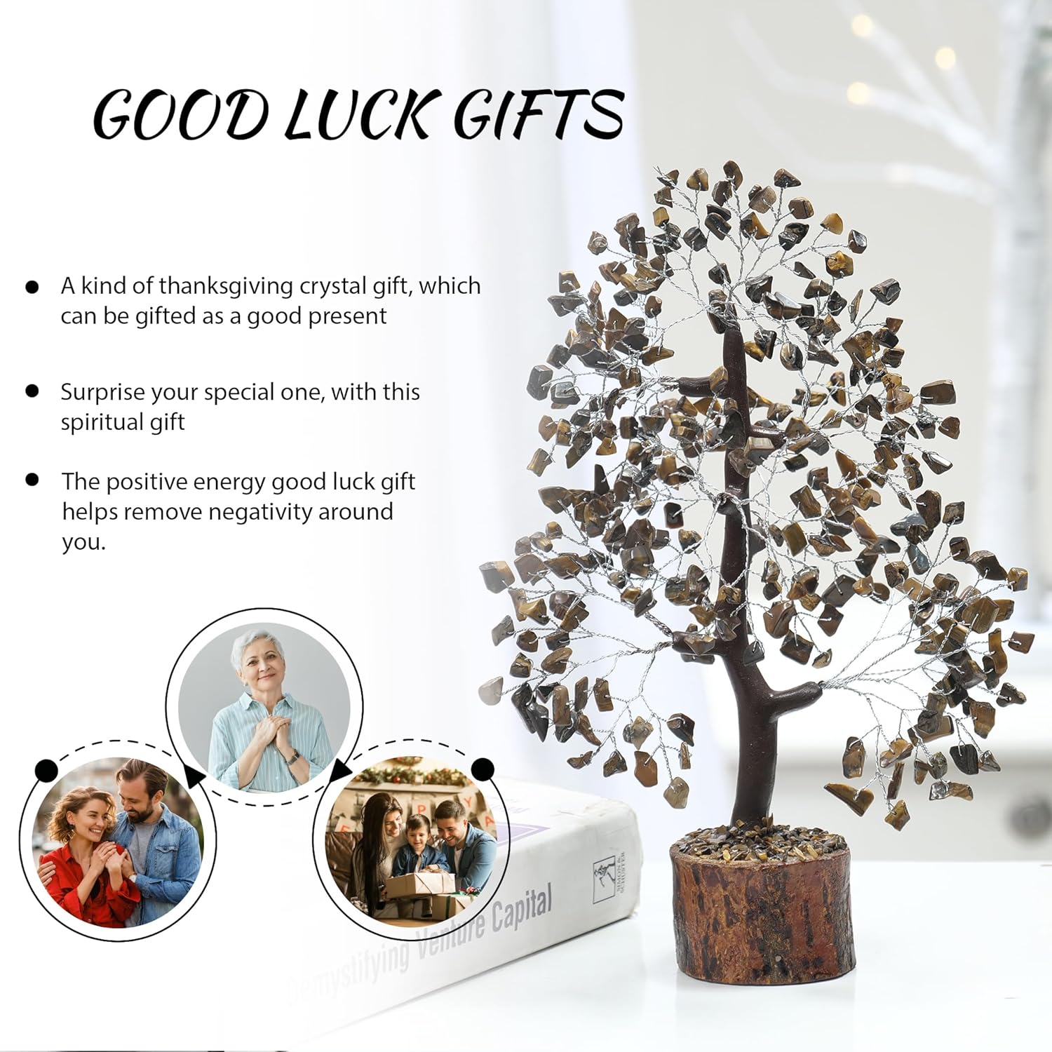 PYOR – Árbol de cristales de ojo de tigre, piedra curativa, positiva, regalo hippie, árbol de gemas, de dinero de cristal, de buena suerte, de