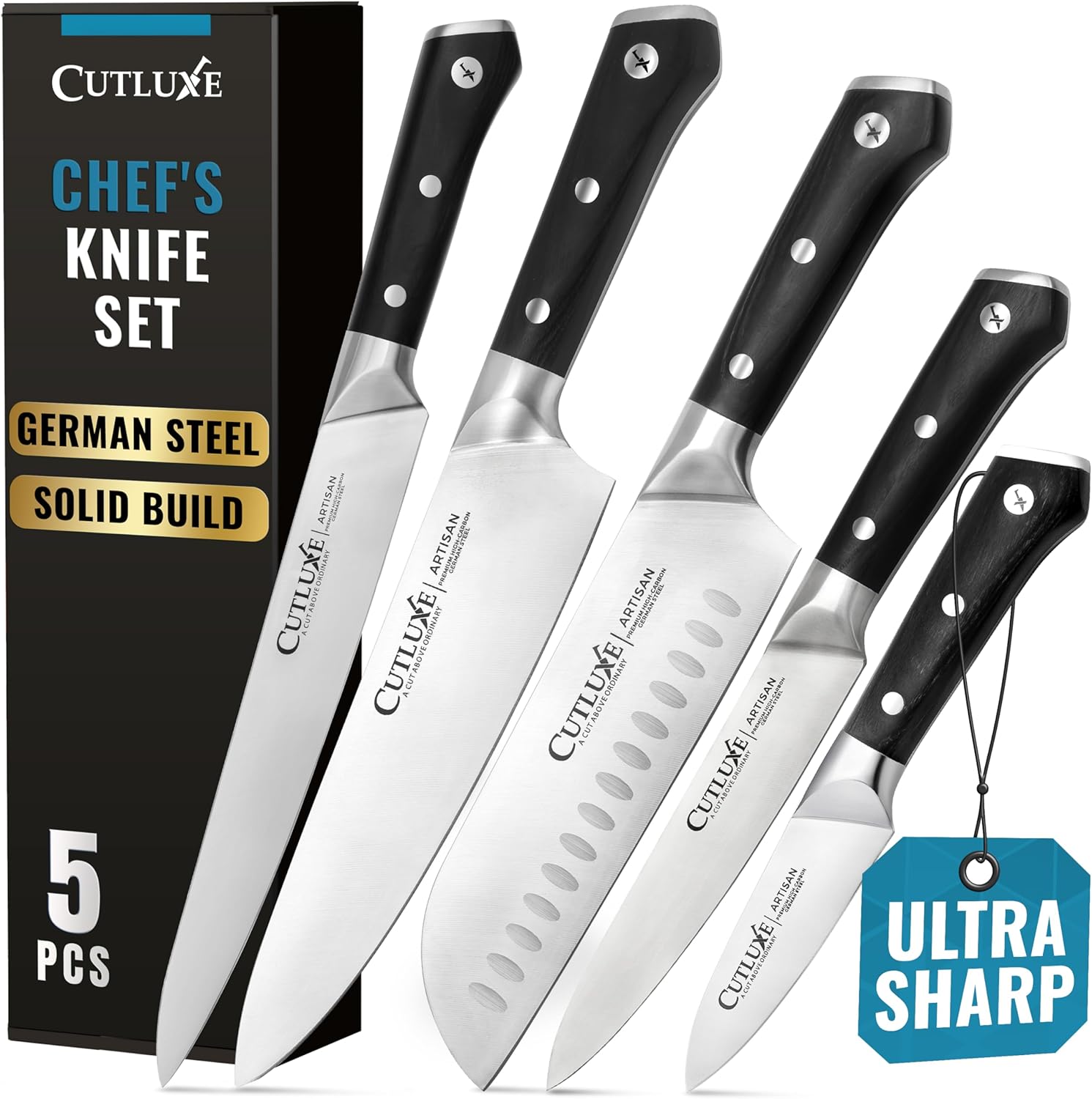 Cutluxe Juego de 5 cuchillos de cocina, juego de cuchillos de chef, acero alemán afilado, espiga completa, asas ergonómicas, serie artesanal