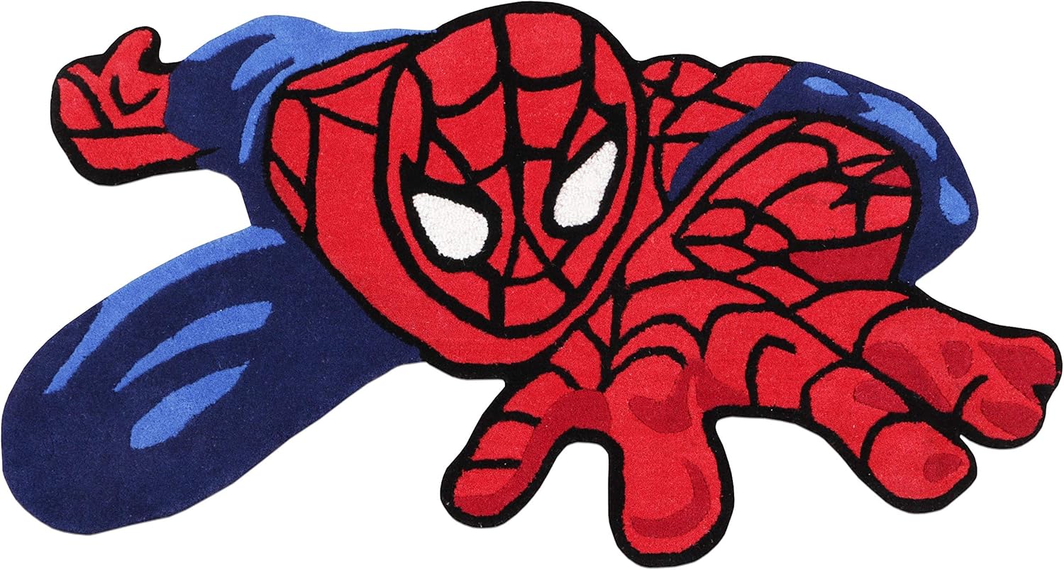 Alfombra de área de Spider Man de 2 pies 3 pulgadas x 4 pies hecha a mano con copetudo, 100% lana de Spiderman para niños y niñas